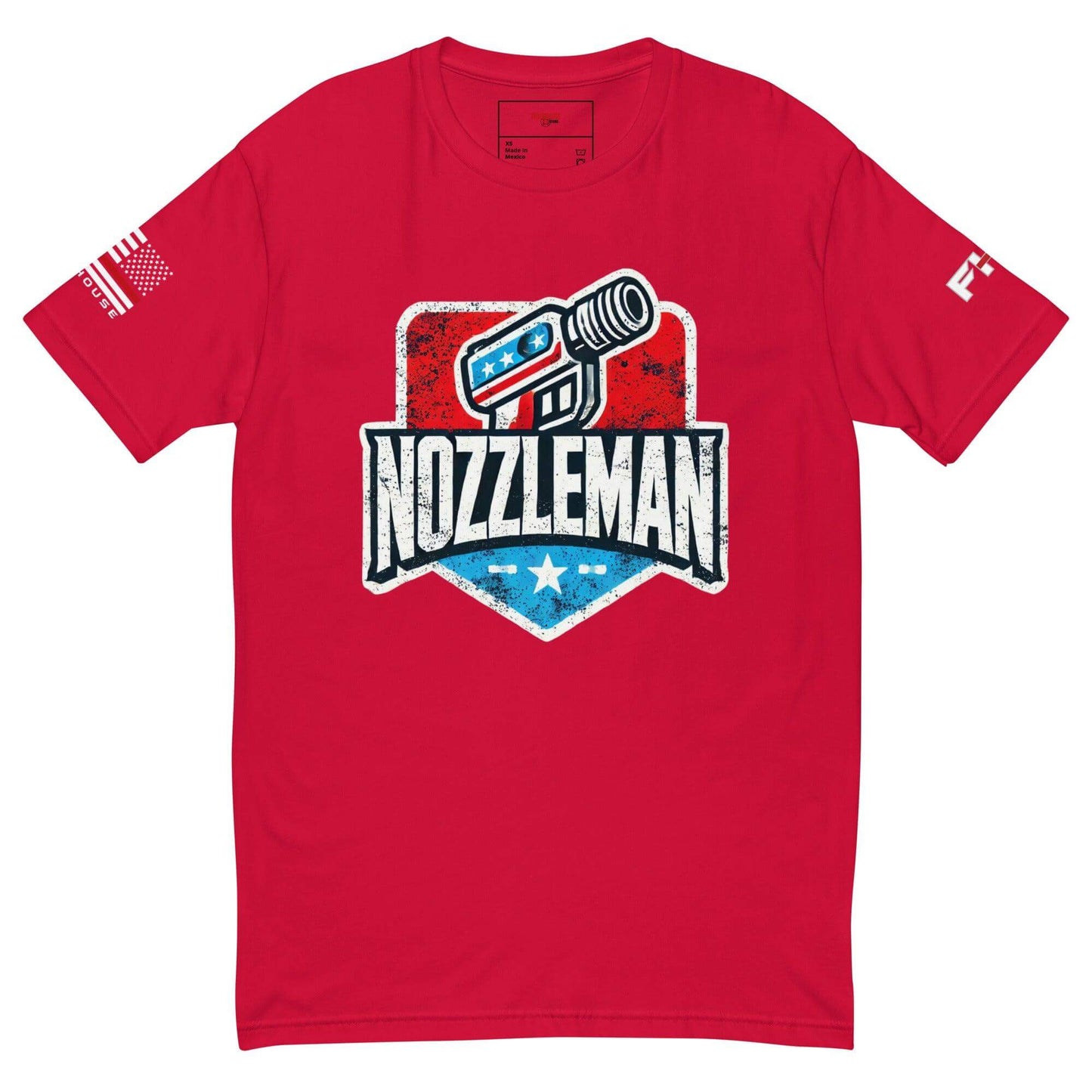 Red short sleeve t-shirt featuring "Nozzleman" graphic, ideal for firefighter apparel and gifts.