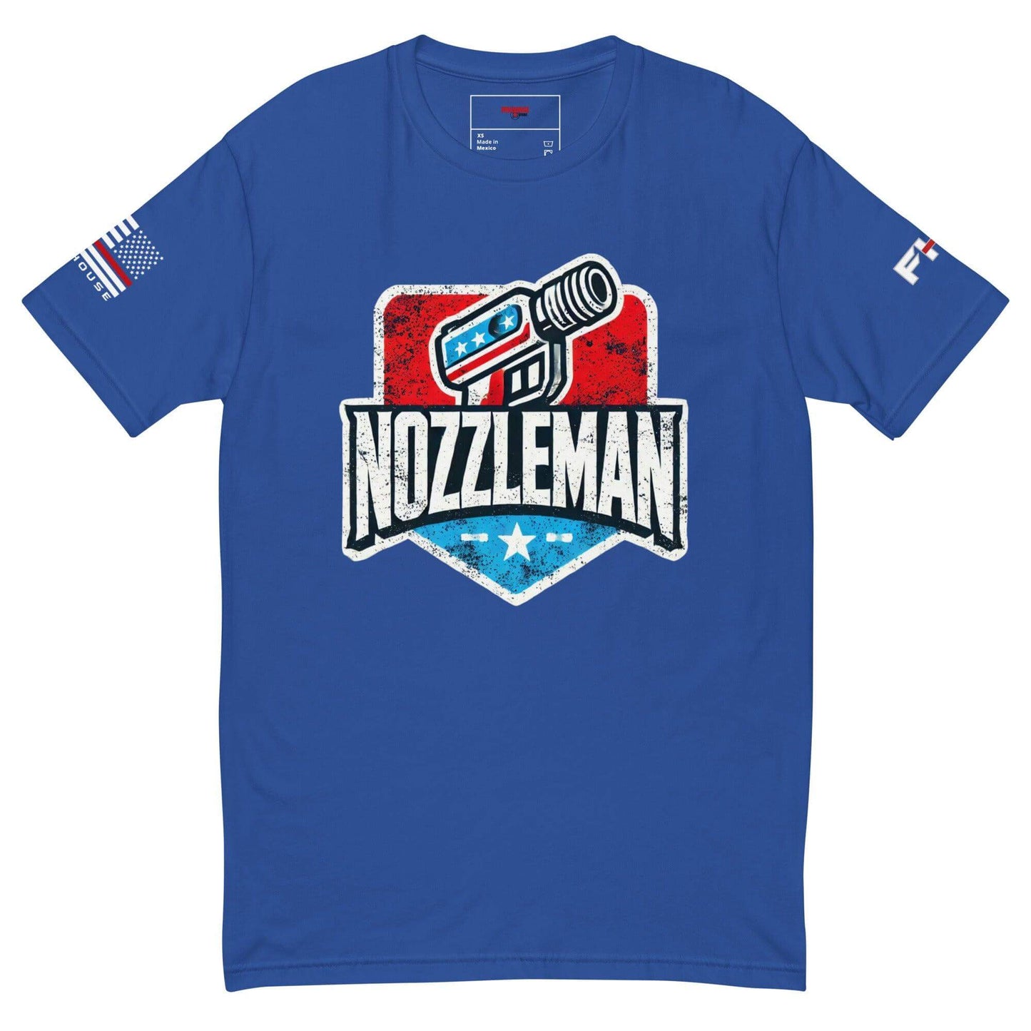 Blue T-shirt featuring "Nozzleman" graphic design, ideal for firefighters and firehouse gifts.