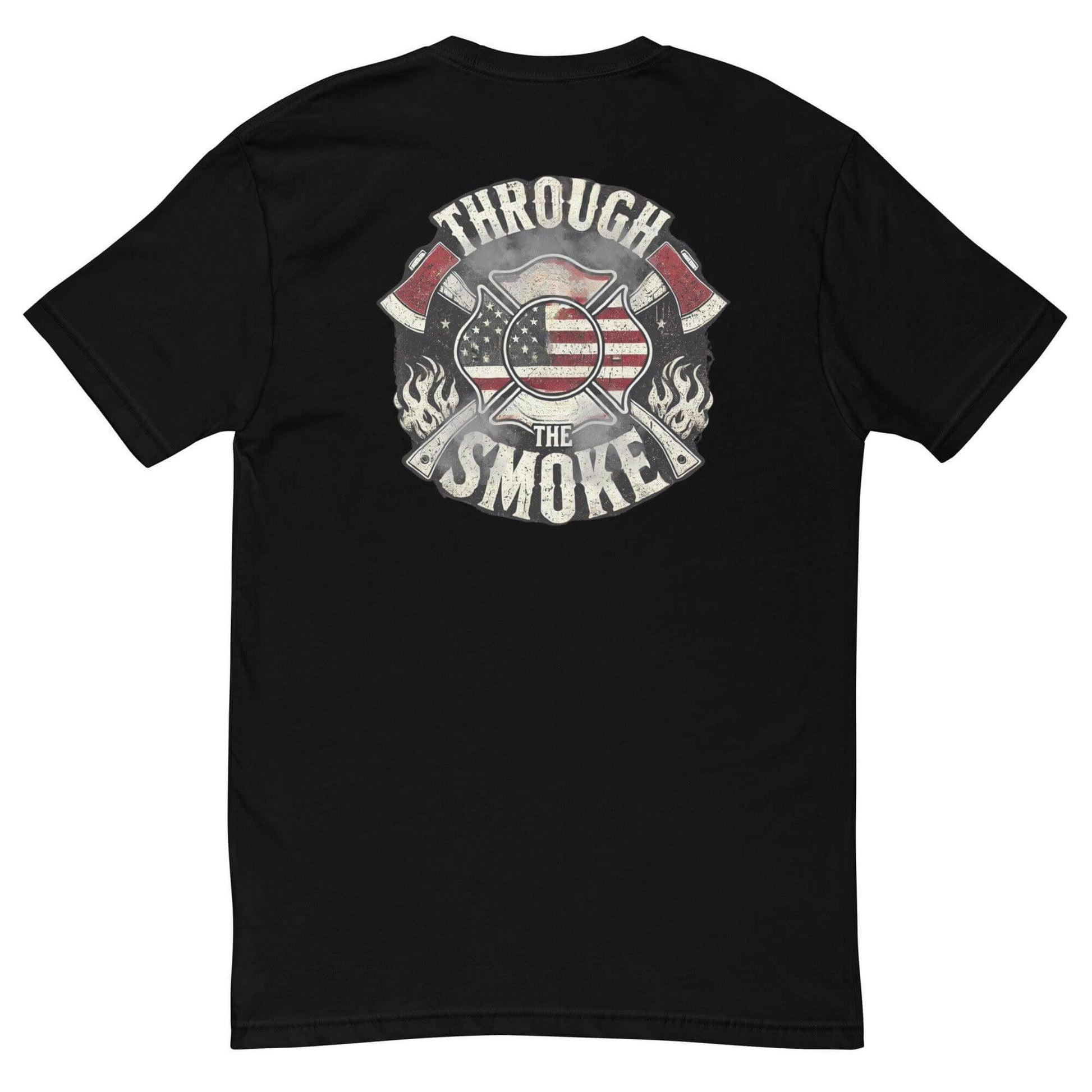 Black short sleeve t-shirt featuring "Through the Smoke" graphic with firefighter symbols and American flag design.