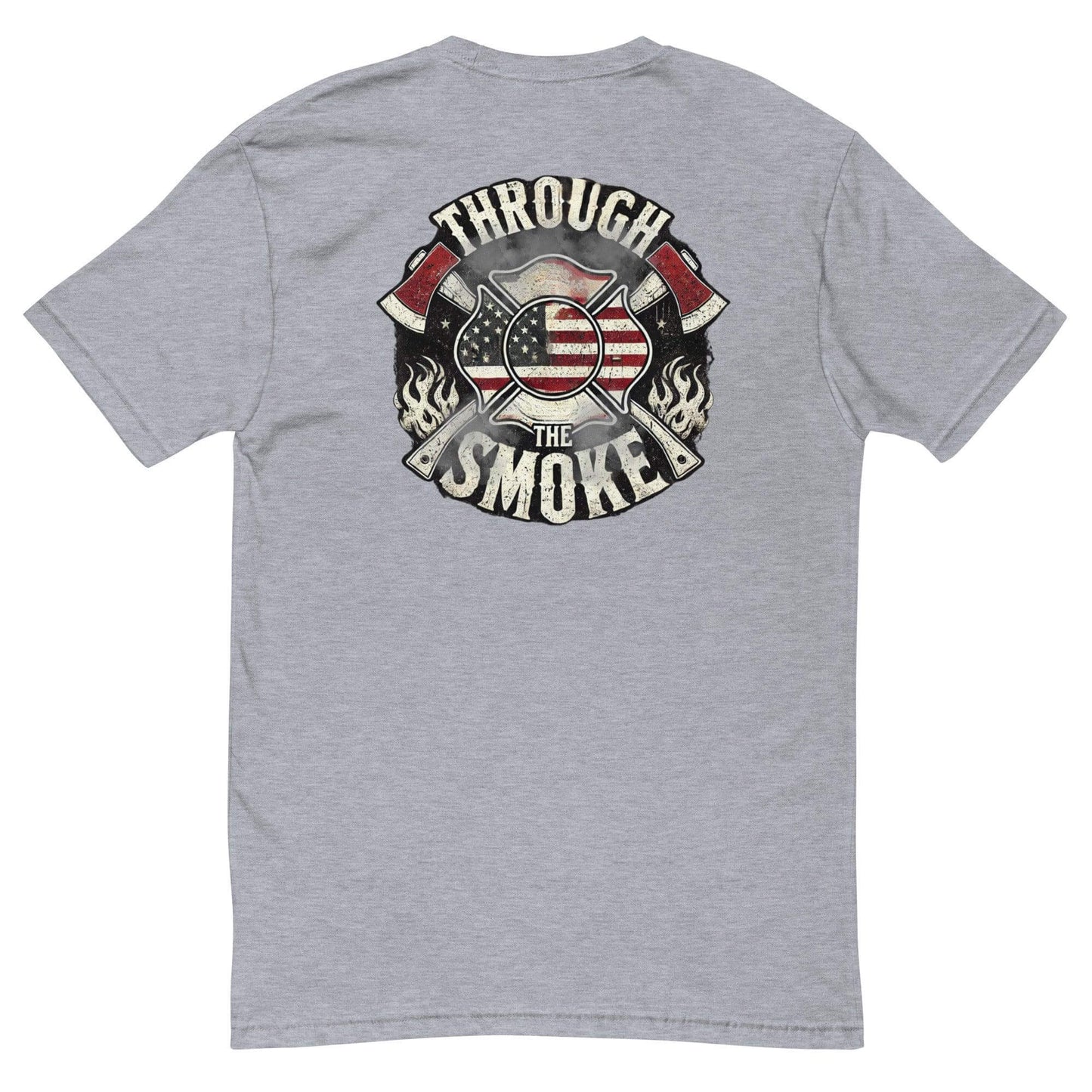 Grey short sleeve t-shirt with "Through the Smoke" graphic featuring axes, flames, and an American flag design.