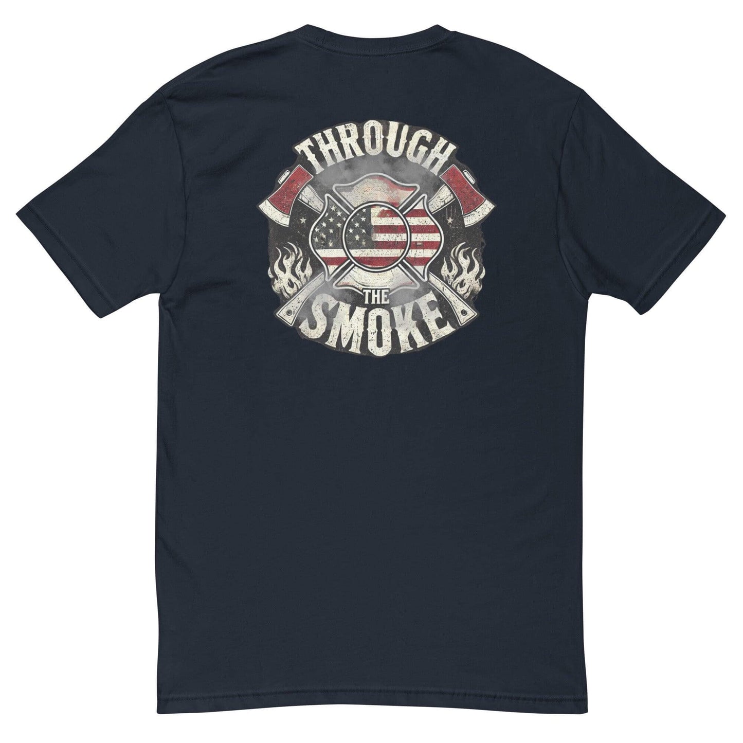 Short sleeve t-shirt featuring firefighter-themed graphic with axes and American flag, ideal for firefighter apparel.