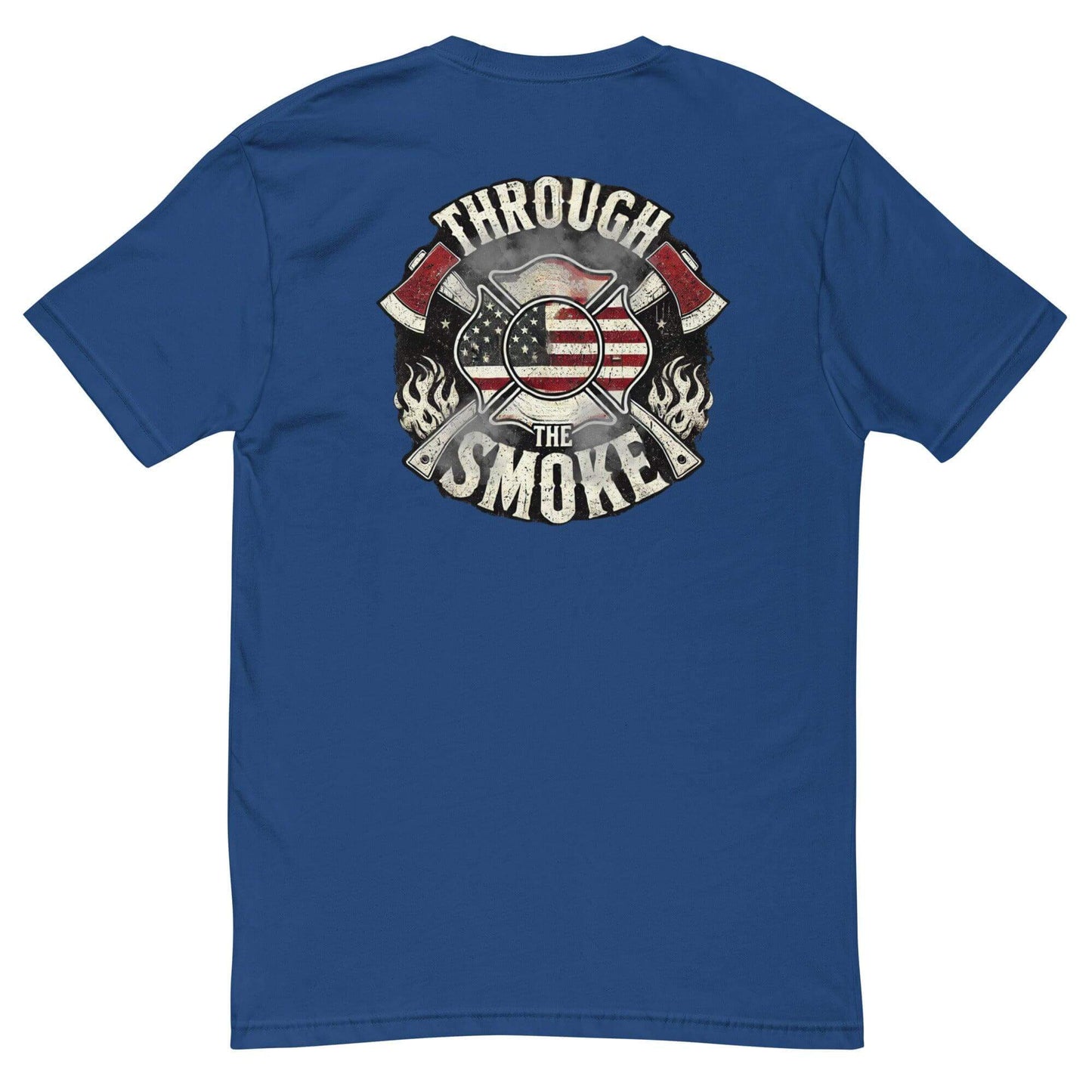 Blue short sleeve t-shirt featuring a firefighter graphic with axes and an American flag design, ideal for firefighter apparel.