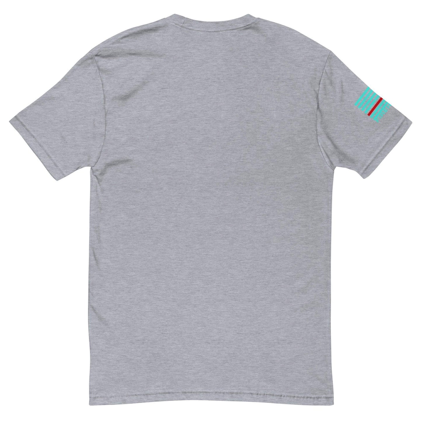 Back view of a heather grey short sleeve t-shirt featuring colorful stripes on the sleeve, perfect for firefighter apparel.