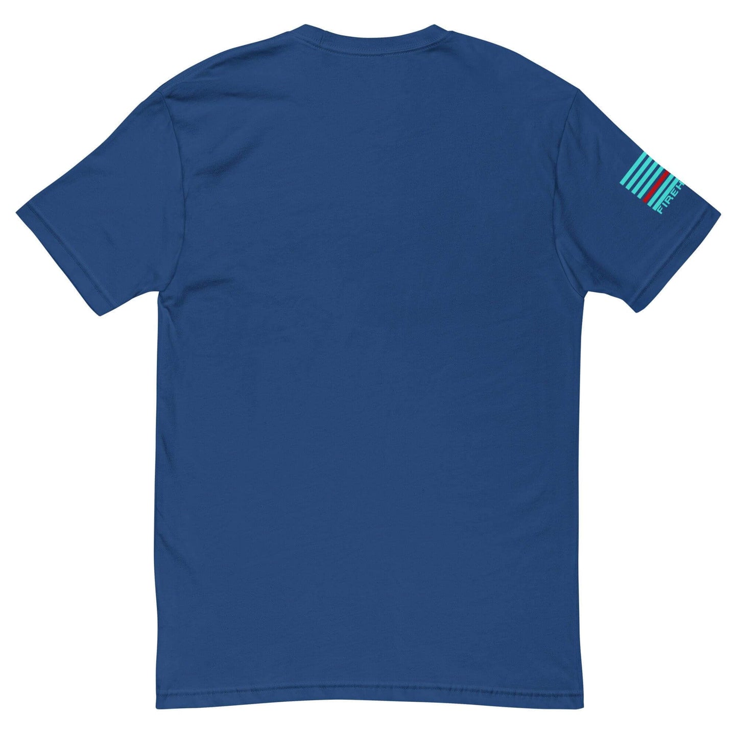 Back view of a lightweight blue short sleeve t-shirt featuring a colorful striped design on the sleeve, ideal for firefighters.