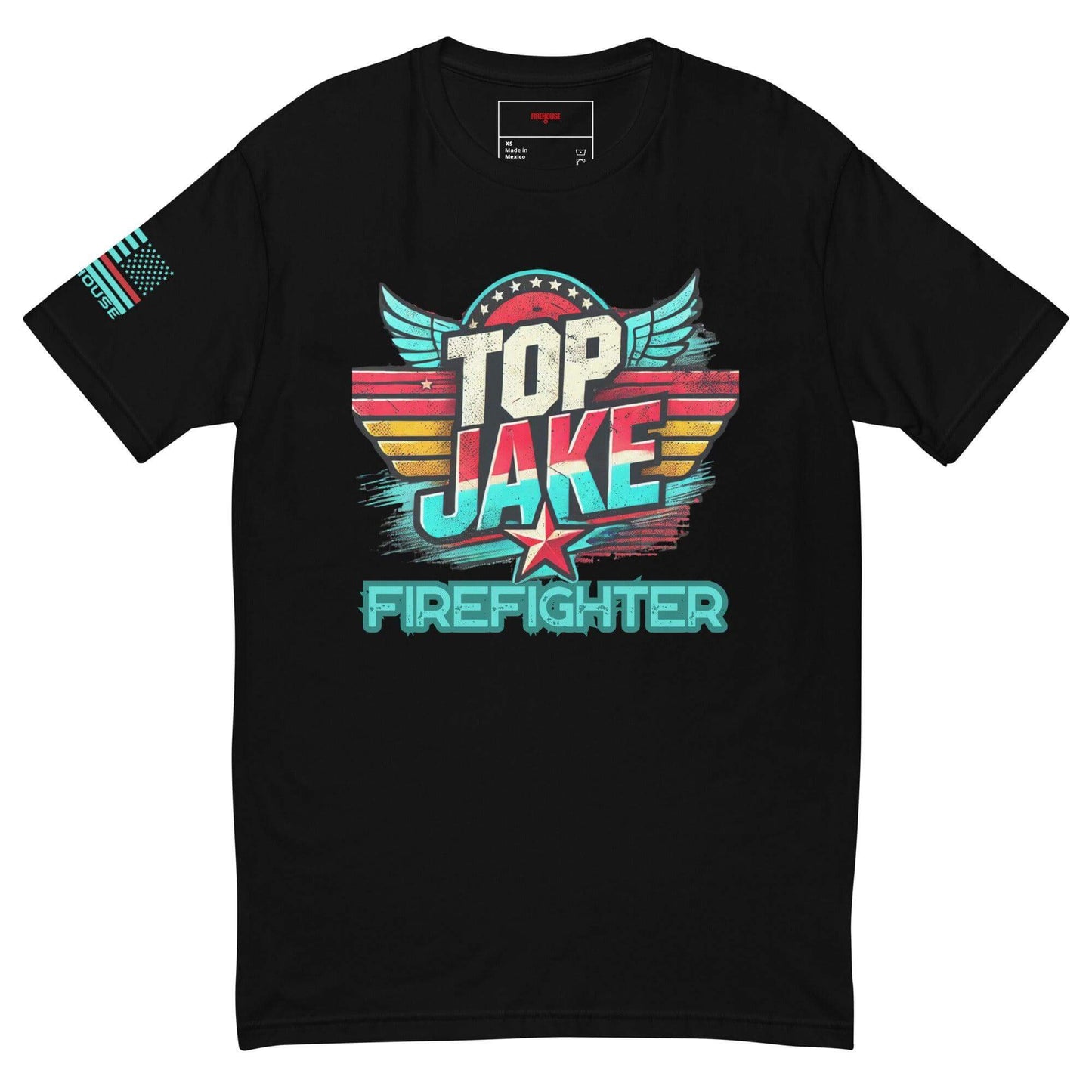 Black short sleeve t-shirt featuring "TOP JAKE" and firefighter design, perfect for firefighter gifts and apparel.