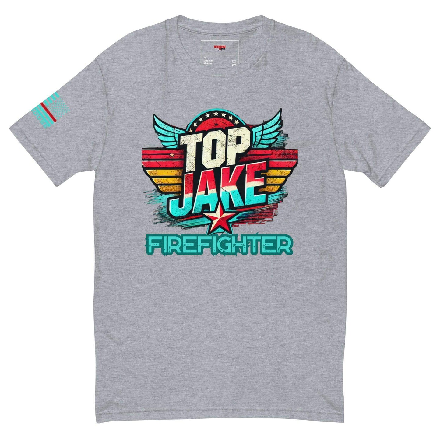 Gray short sleeve t-shirt with "Top Jake Firefighter" graphic, perfect for firefighter gifts and apparel.