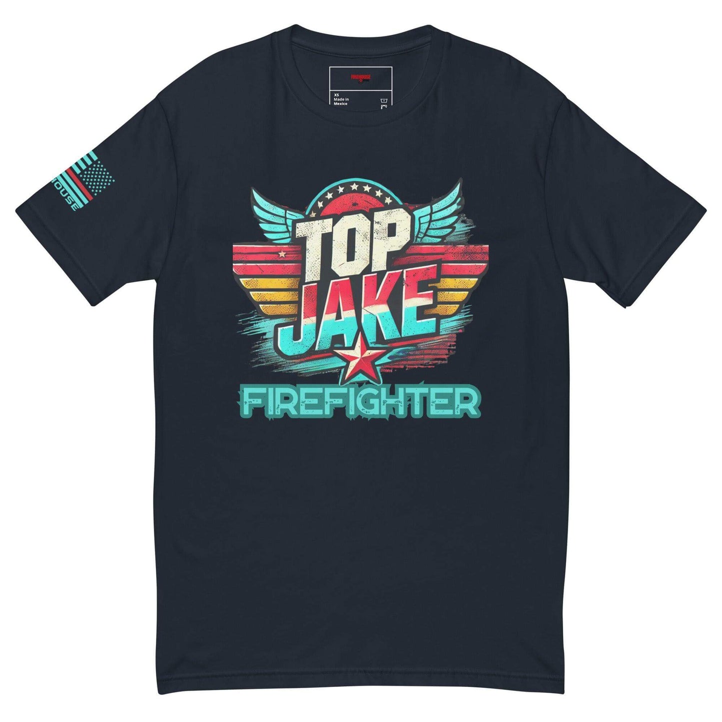 Stylish firefighter t-shirt featuring "Top Jake Firefighter" graphic, perfect for firefighter gifts and everyday wear.