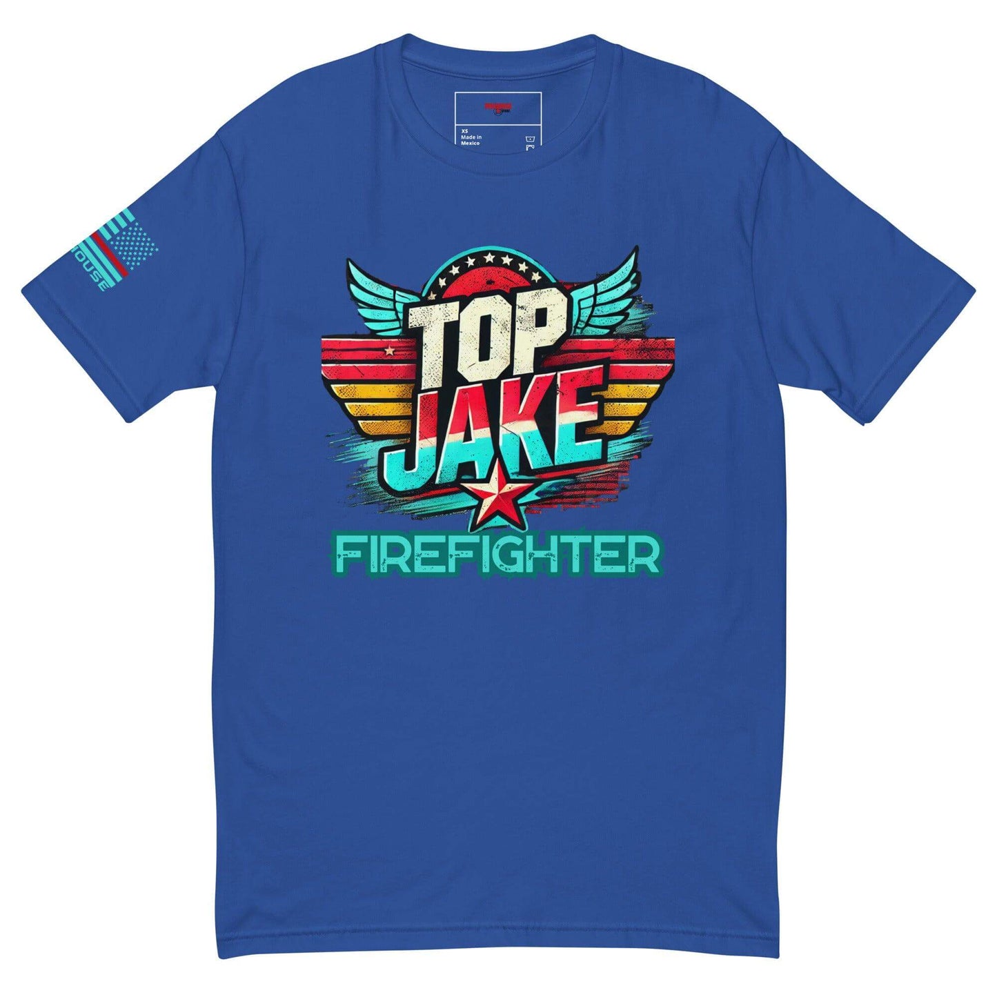 Blue firefighter t-shirt featuring "Top Jake" graphic with wings, perfect for firefighter gifts and apparel.