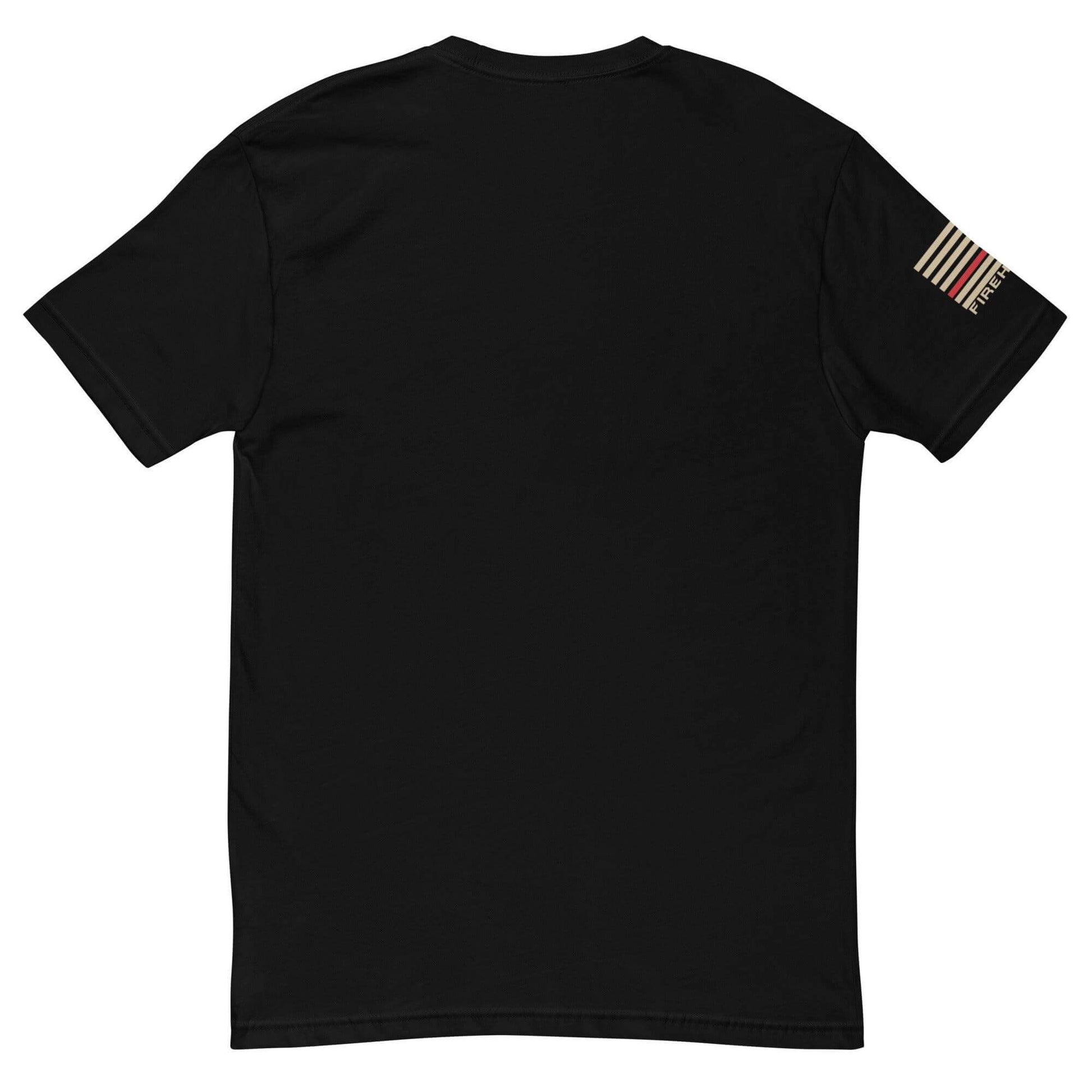 Back view of a black short sleeve t-shirt featuring a decorative flag design, ideal for firefighter apparel and gifts.