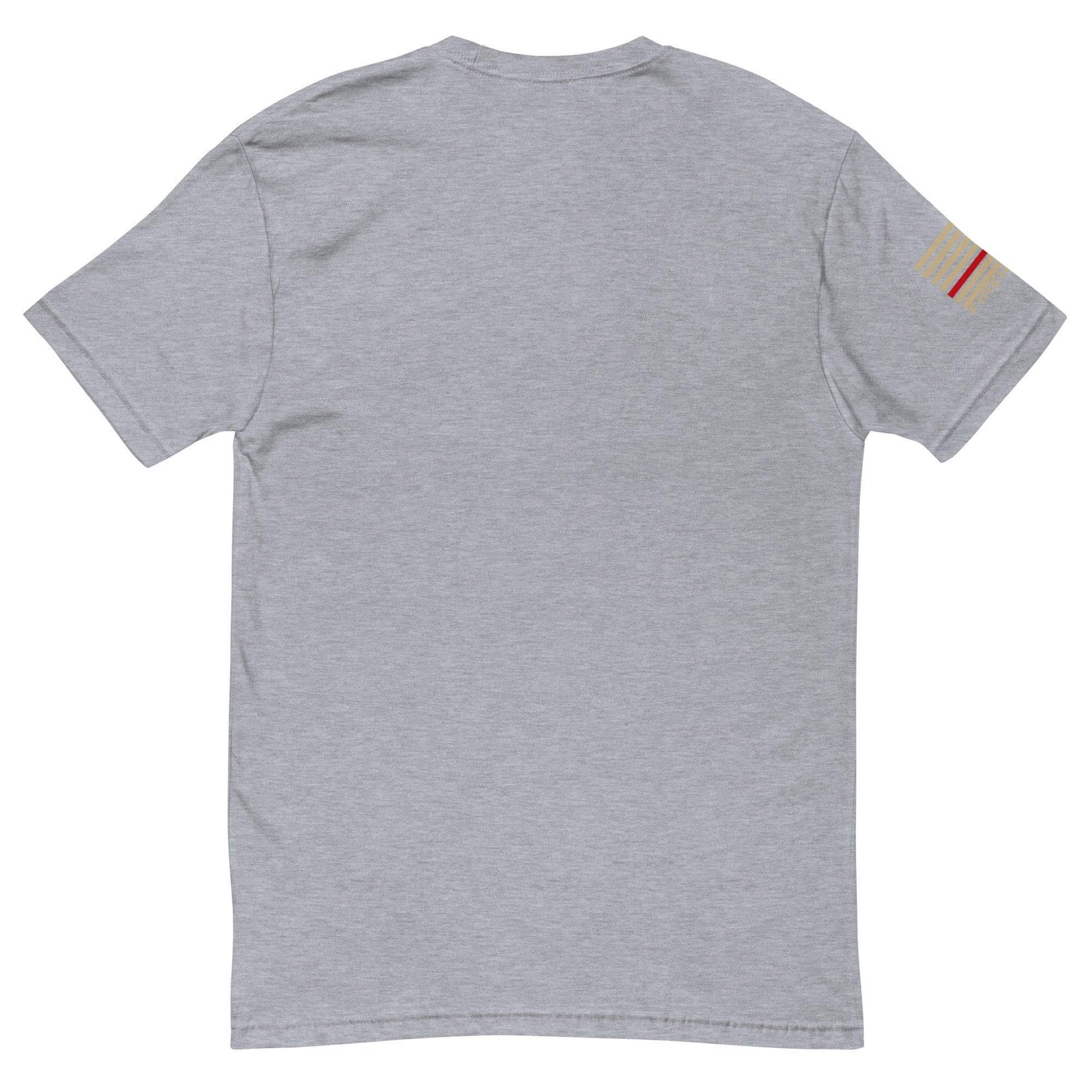 Back view of a comfortable heather grey short sleeve t-shirt, ideal for firefighter apparel and gifts.