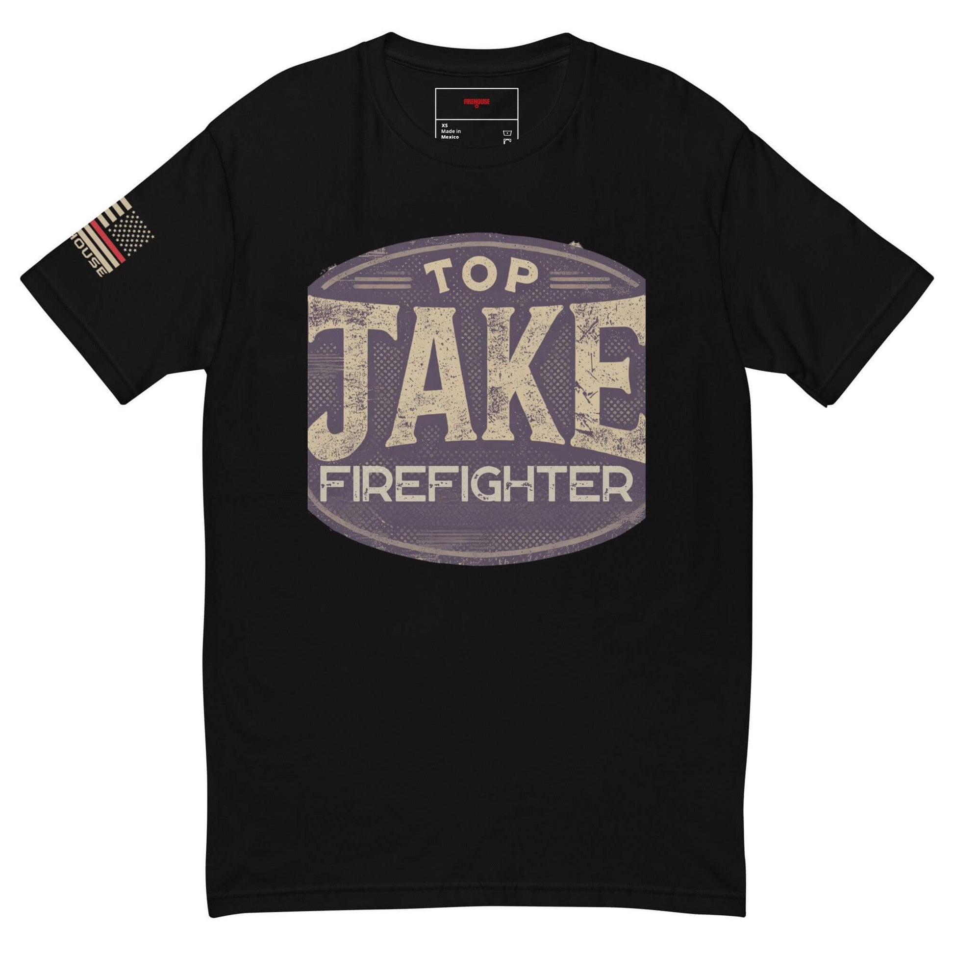 Black short sleeve t-shirt with "Top Jake Firefighter" graphic and American flag detail, ideal for firefighter gifts and apparel.