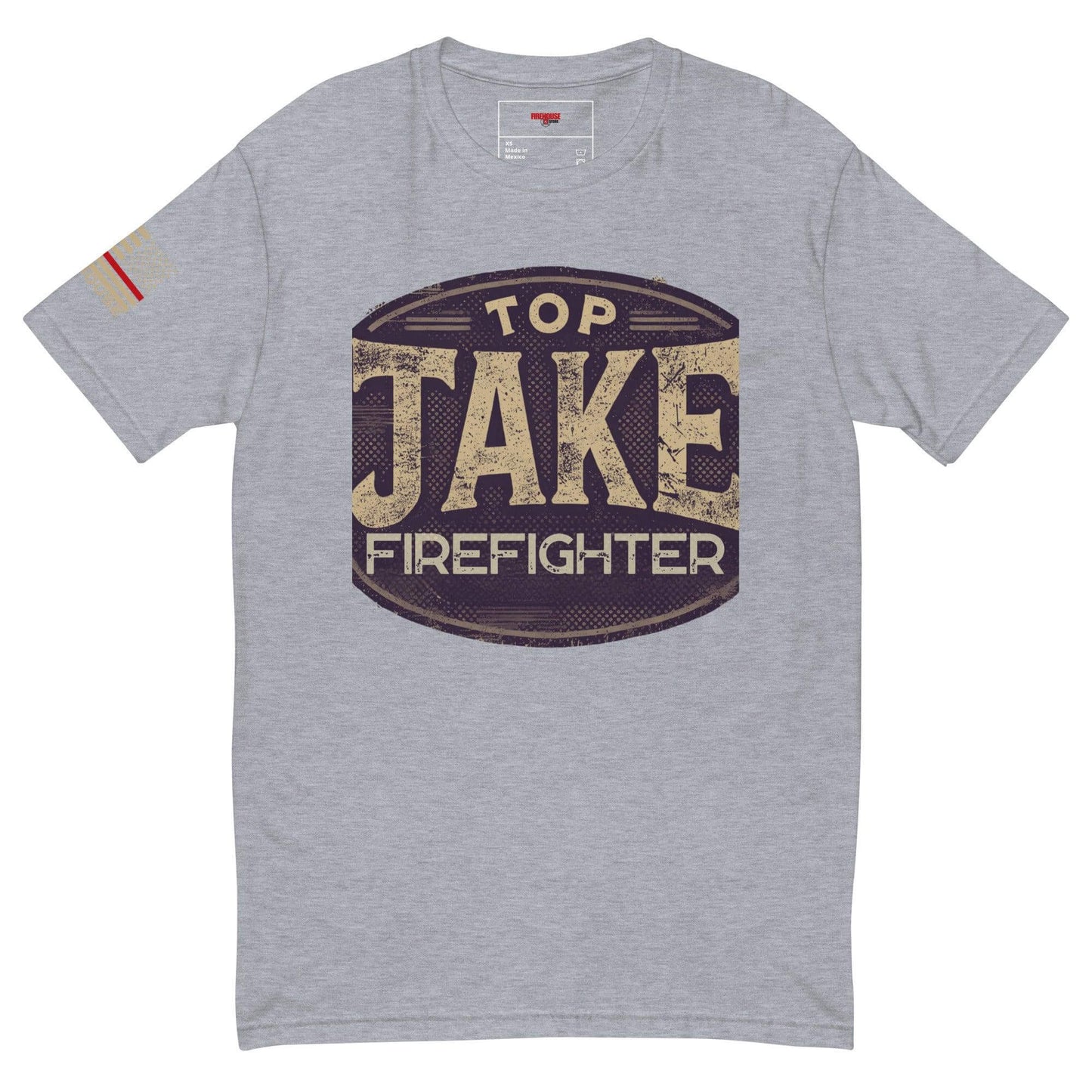 Short sleeve heather grey firefighter t-shirt featuring "Top Jake Firefighter" graphic on the front.