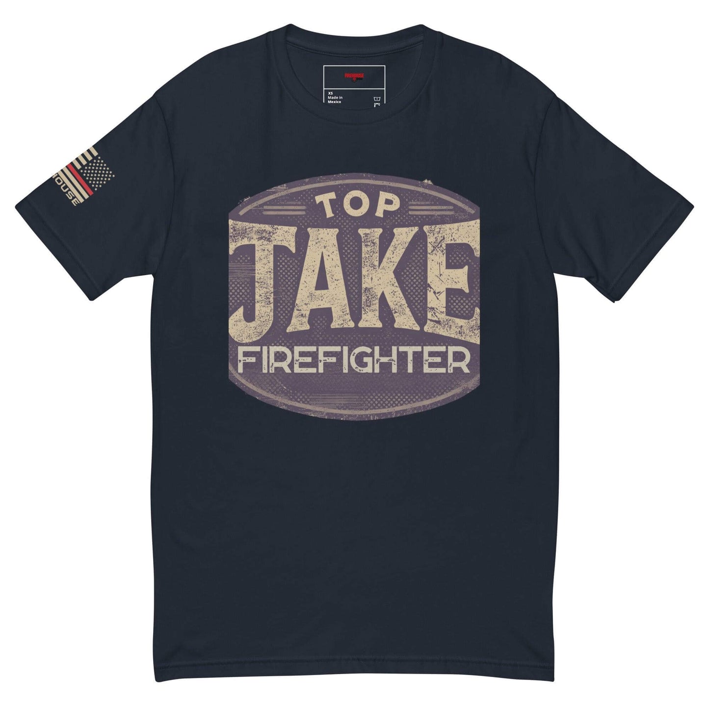 Navy short sleeve t-shirt featuring "Top Jake Firefighter" graphic, perfect firefighter apparel and gift.