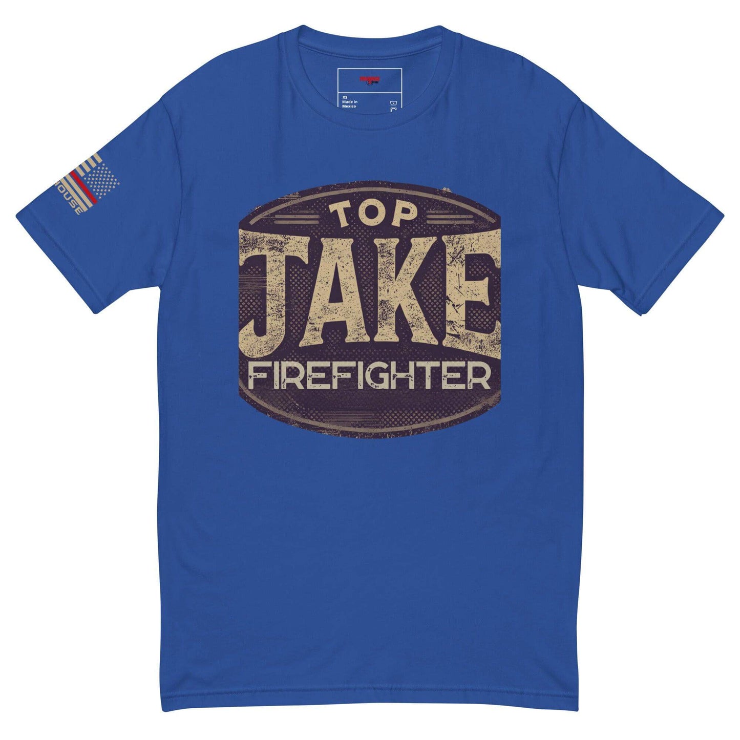 Blue t-shirt with "Top Jake Firefighter" graphic, ideal for firefighter gifts and firehouse apparel.