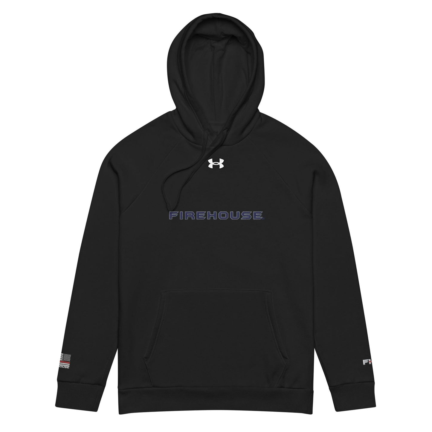 Stylish black hooded sweatshirt with Firehouse.store logo, ideal firefighter apparel for comfort and durability.