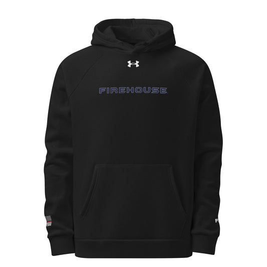 Stylish black Under Armour hoodie featuring Firehouse logo, ideal firefighter apparel and gifts.