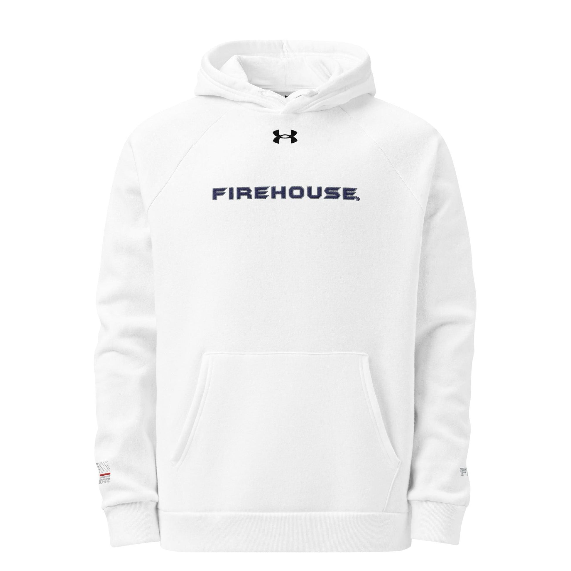 White Under Armour hoodie with FIREHOUSE logo, perfect firefighter apparel and gear for comfort and style.