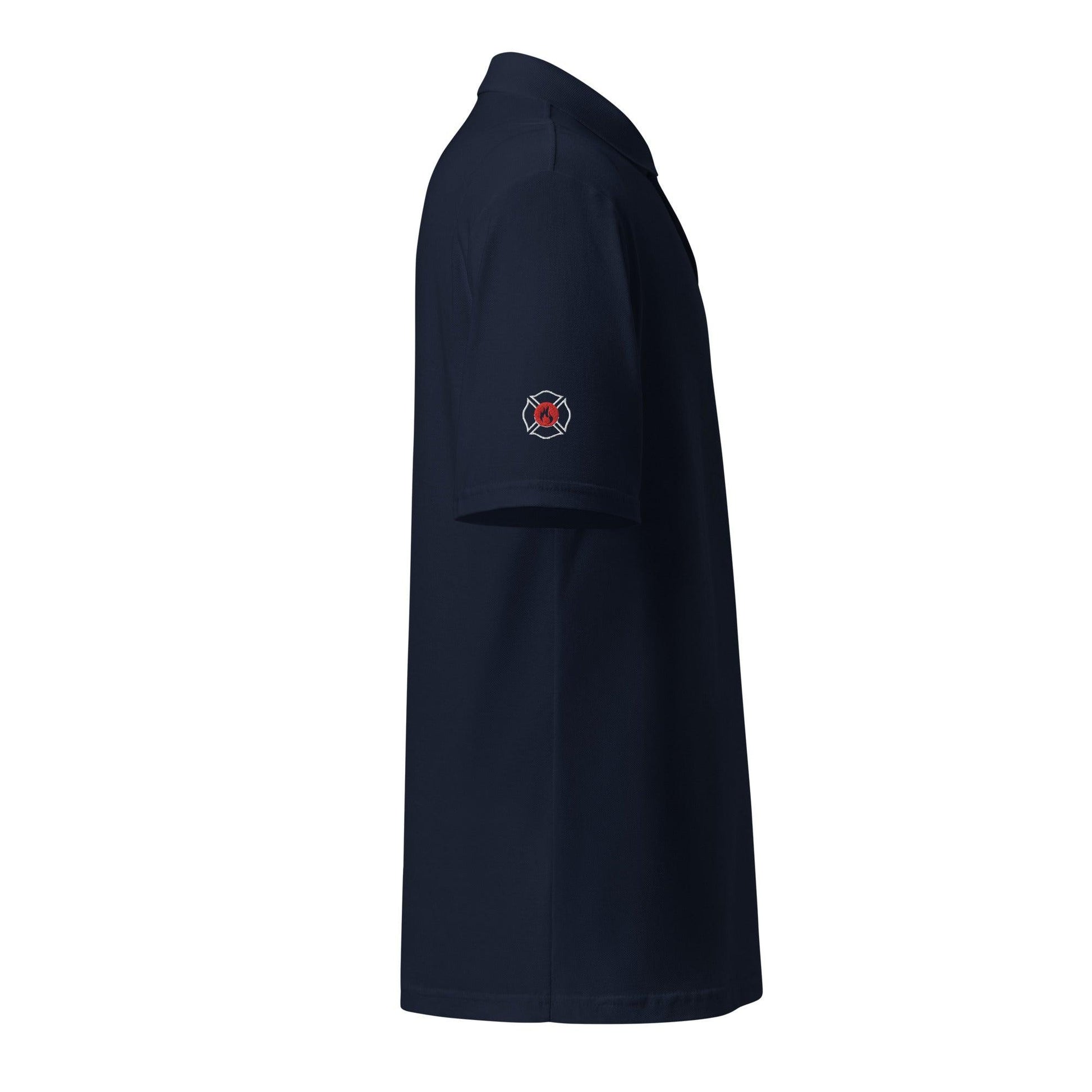 Unisex pique polo shirt in navy with firefighter emblem, perfect for firefighter gifts and apparel. Durable and stylish fit.