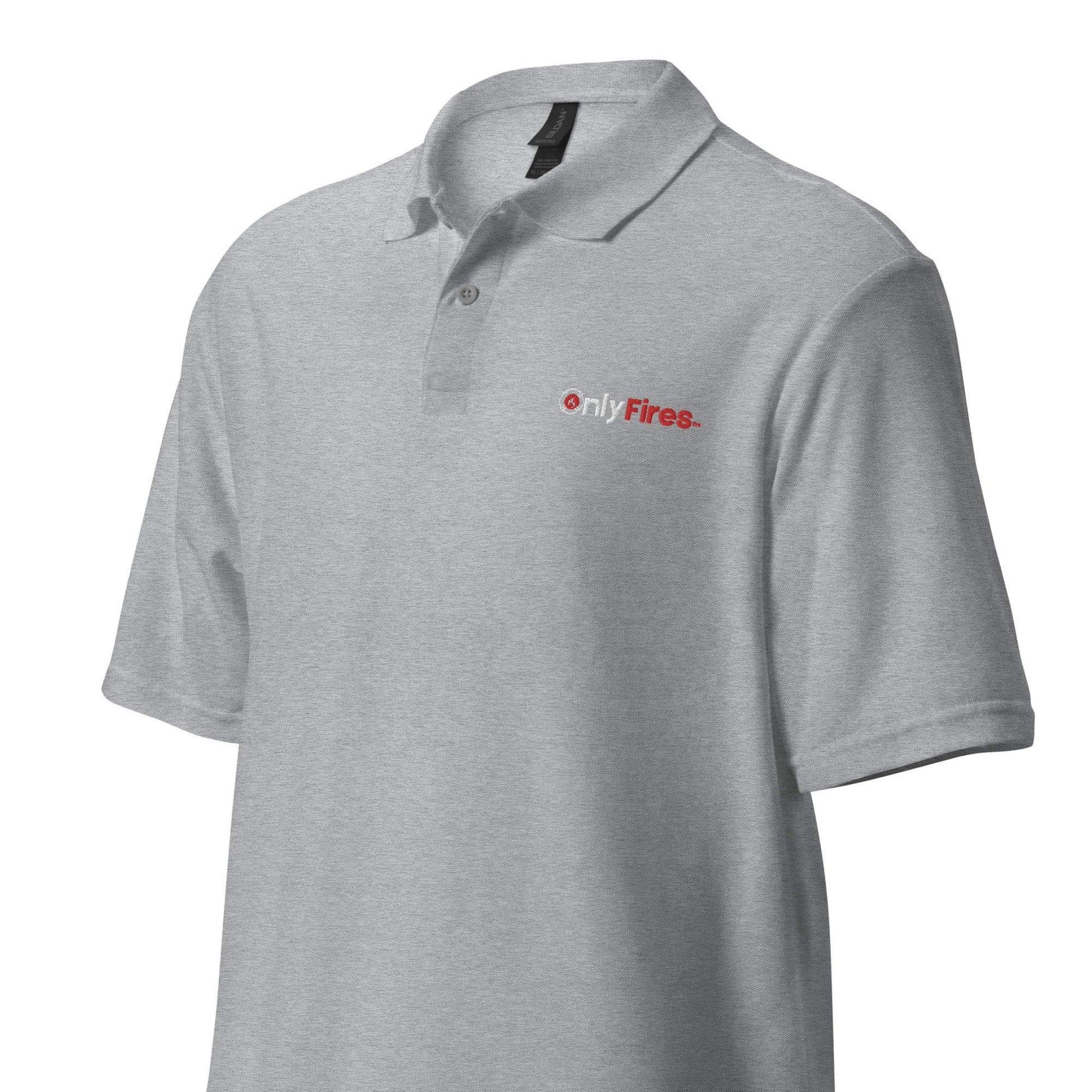 Unisex pique polo shirt in light gray with "onlyFires" logo, ideal for firefighter gifts and apparel.