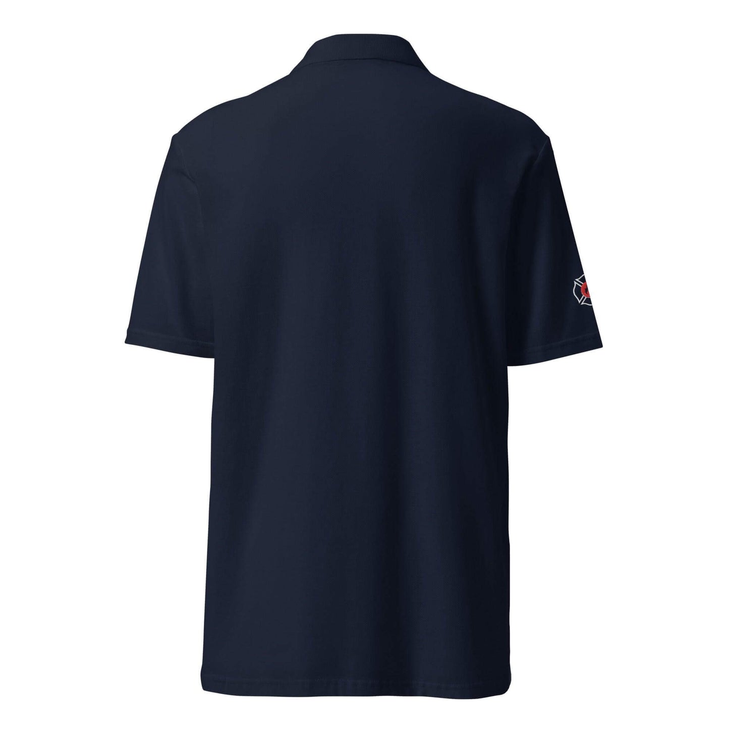 Back view of unisex pique polo shirt in navy, perfect for firefighter apparel and firehouse gifts.