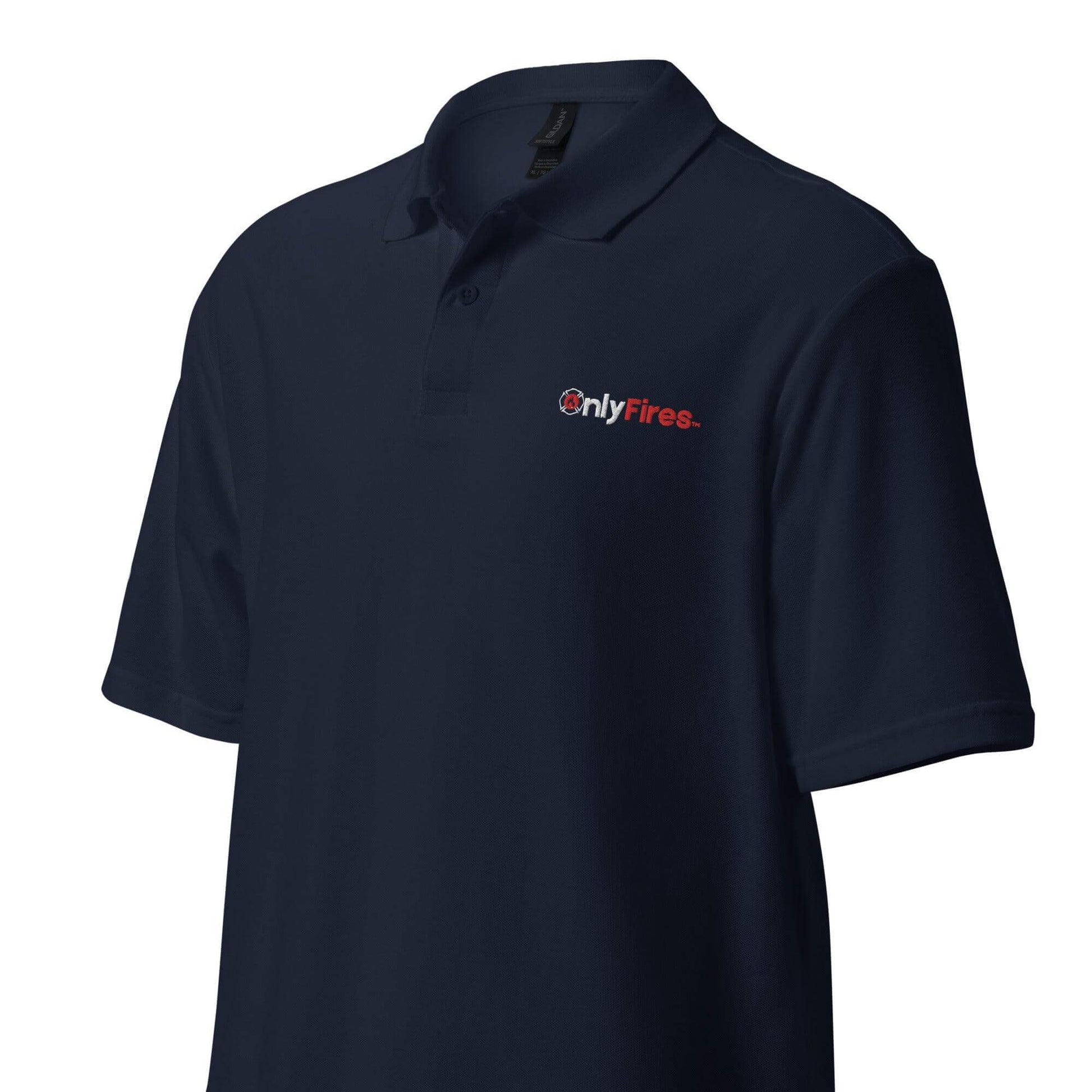 Unisex navy pique polo shirt with OnlyFires logo, perfect for firefighter apparel and gifts. Durable and stylish for any occasion.