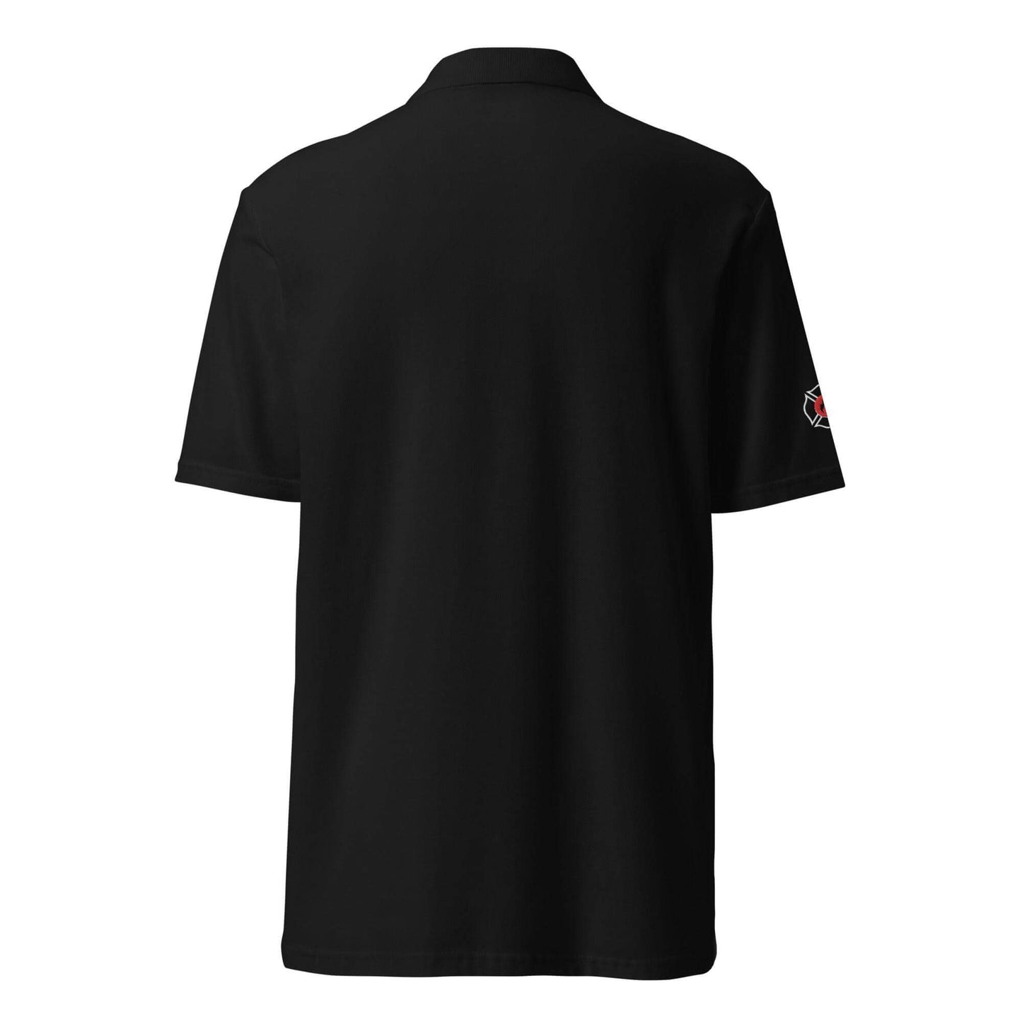 Back view of unisex black pique polo shirt, perfect for firefighter apparel, gifts, and casual wear.