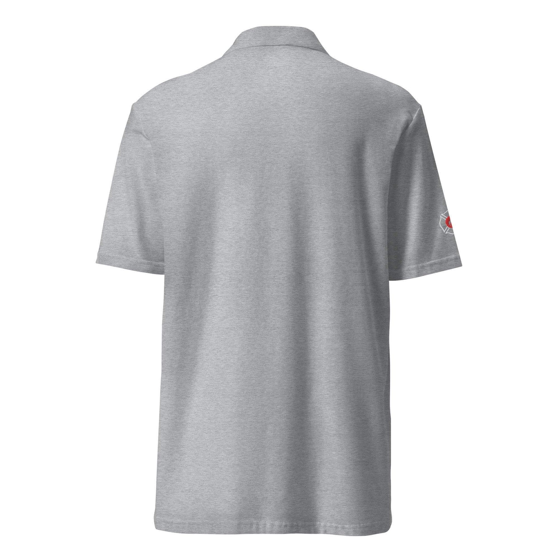 Back view of a unisex gray pique polo shirt, ideal for firefighter apparel and firehouse gifts.