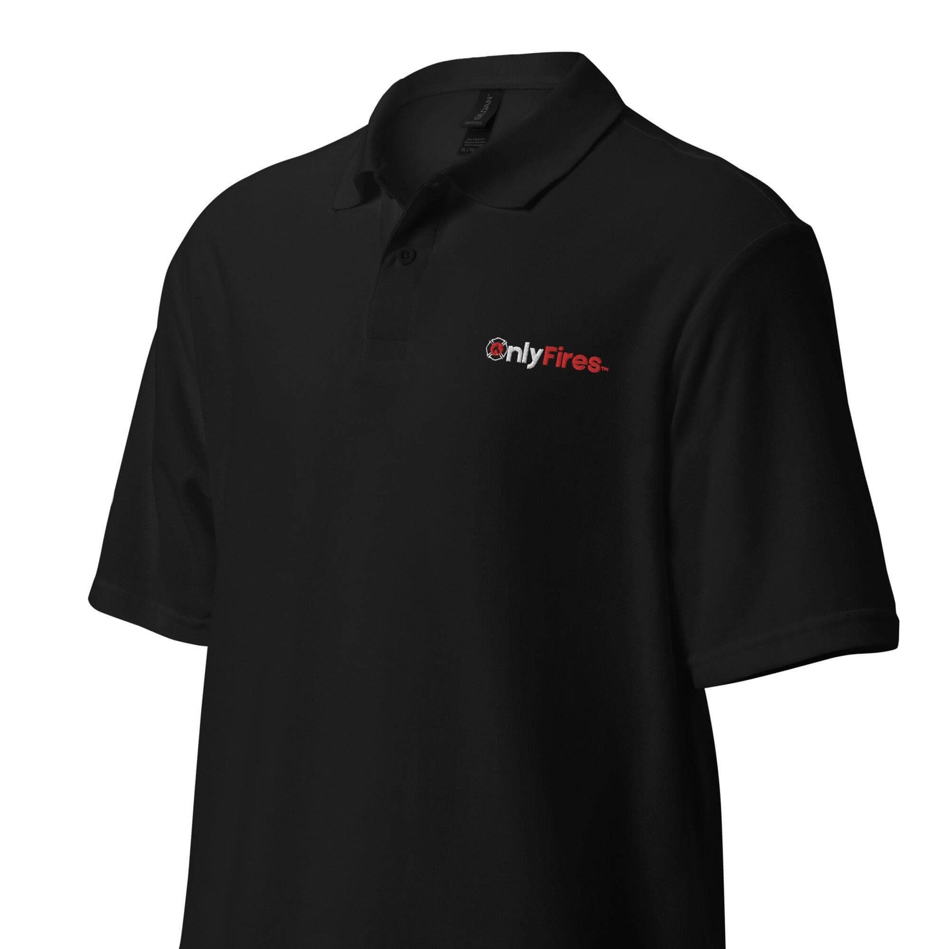 Black unisex pique polo shirt featuring OnlyFires logo, perfect for firefighter apparel and gifts.