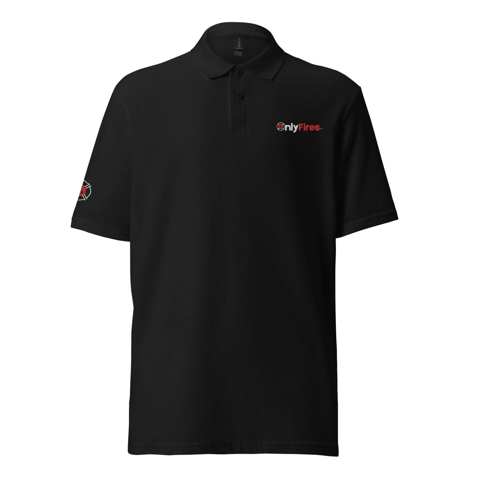 Black unisex pique polo shirt with OnlyFires logo, perfect firefighter apparel and gifts for any occasion.