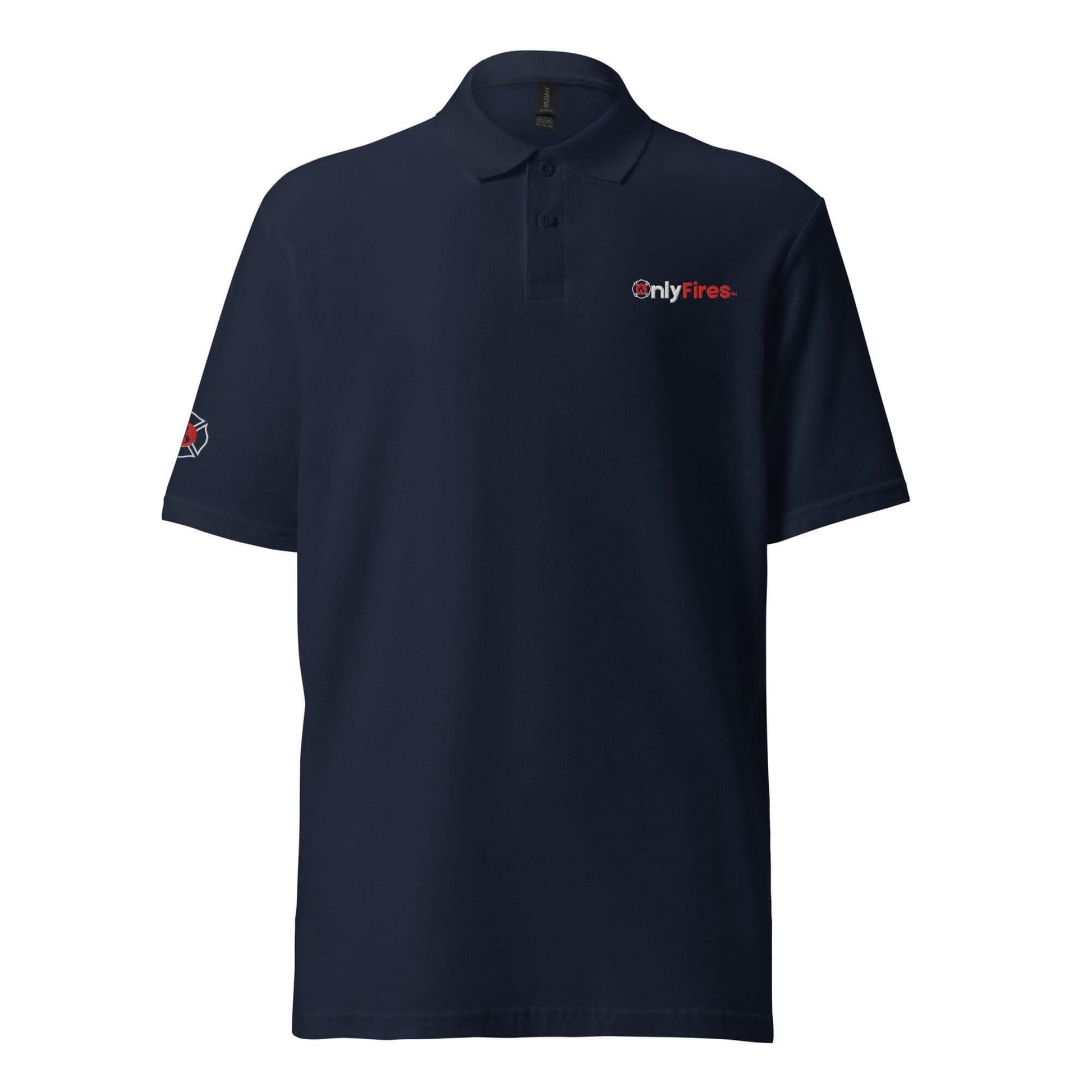 Unisex pique polo shirt in navy with firefighter-themed logo, perfect for gifts and firefighter apparel.