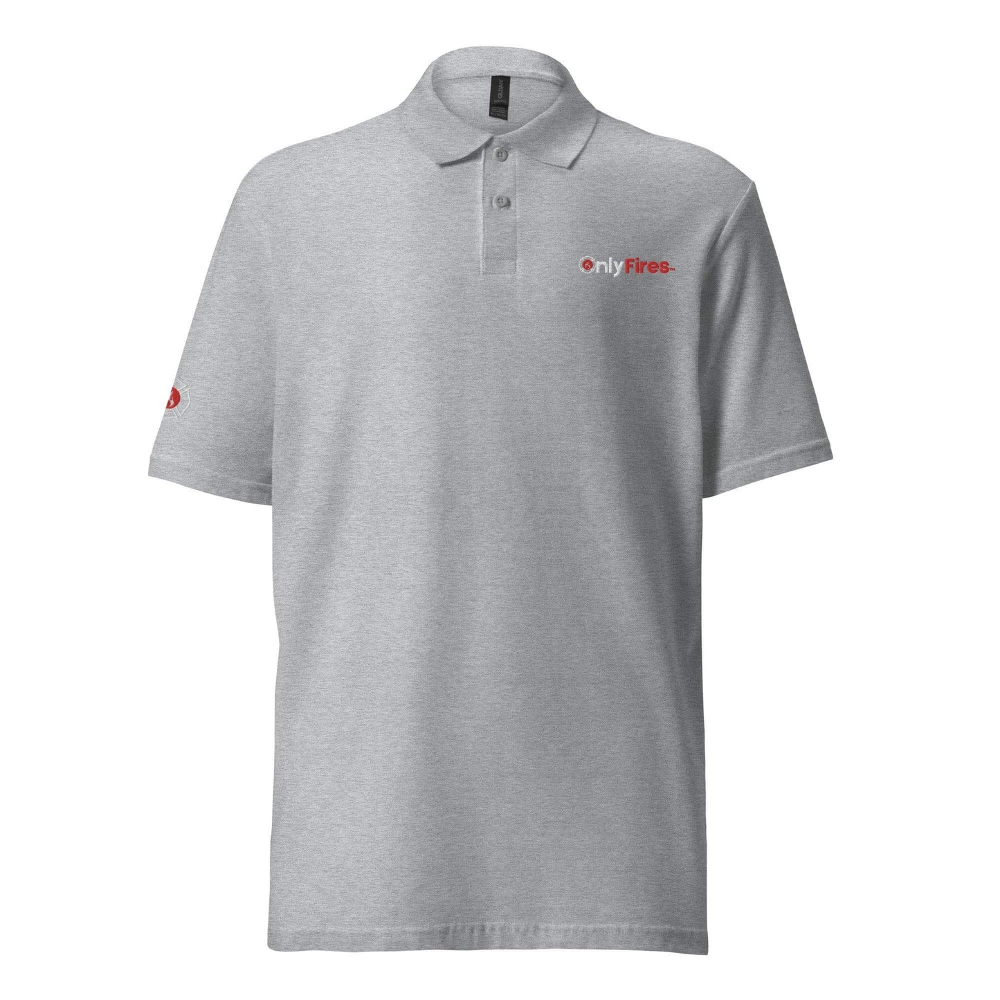 Unisex grey pique polo shirt featuring firefighter-themed logo, perfect for casual wear or as firefighter gifts.