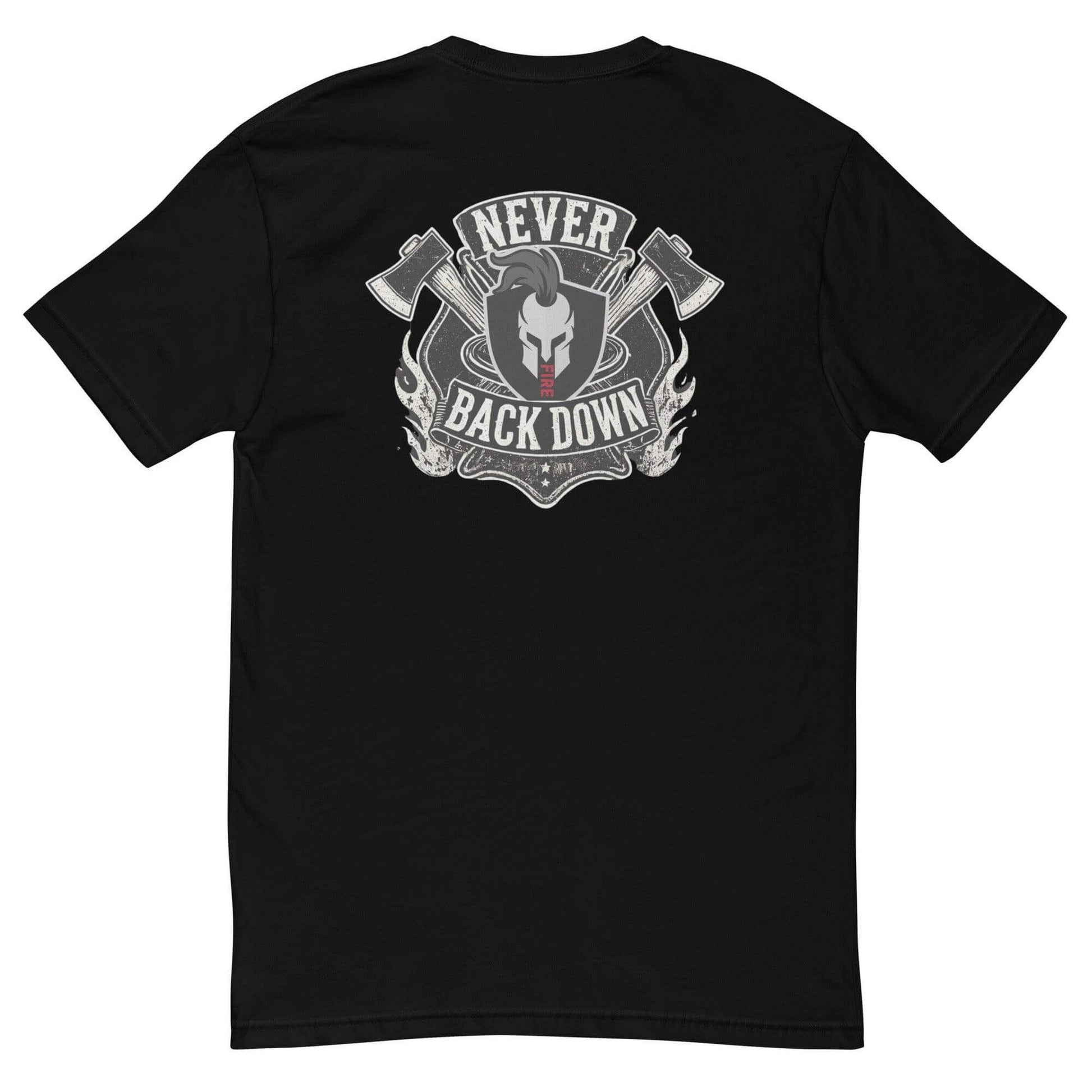 Black t-shirt featuring "Never Back Down" graphic with axes, ideal for firefighter apparel and firehouse gifts.