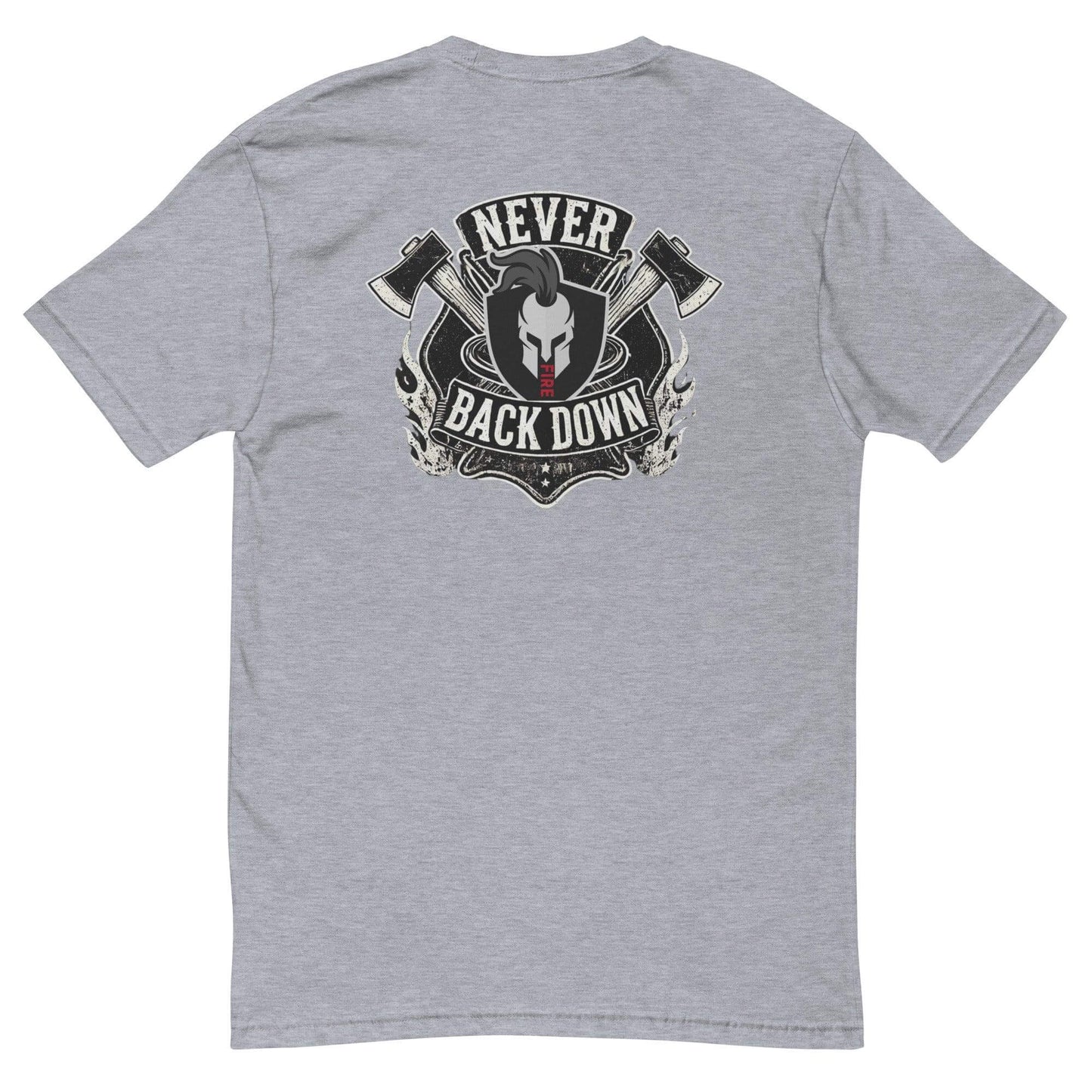 Back view of a grey short sleeve t-shirt featuring a "Never Back Down" graphic with axes, ideal for firefighter apparel.