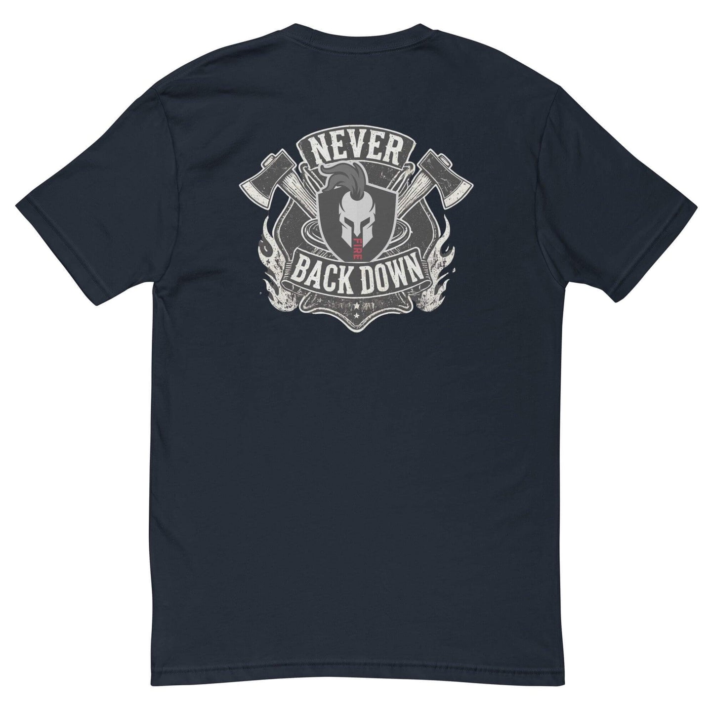 Black short sleeve t-shirt featuring "Never Back Down" design with axes, ideal for firefighter apparel and gifts.