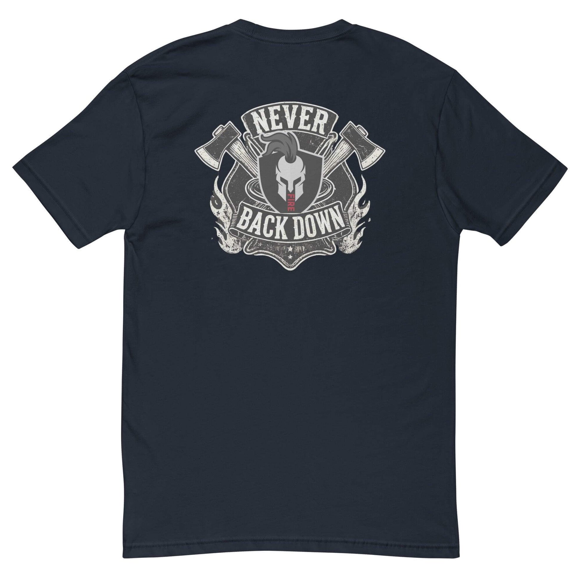 Black short sleeve t-shirt featuring "Never Back Down" design with axes, ideal for firefighter apparel and gifts.