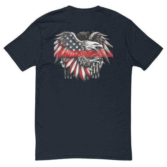 Dark t-shirt featuring an eagle graphic with American flag design, perfect for firefighter apparel and patriotic gifts.