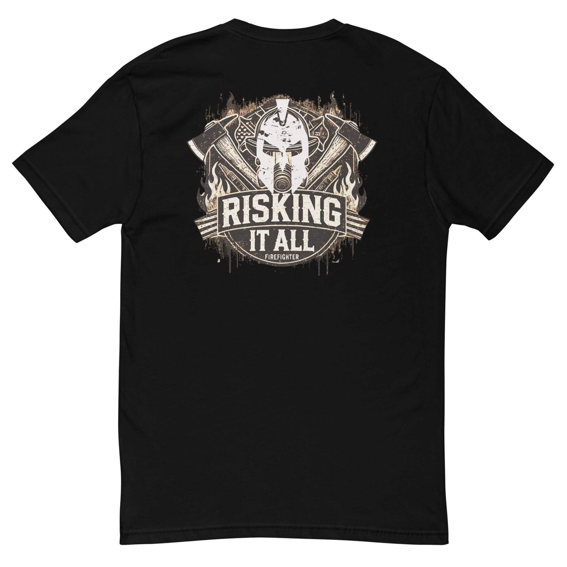 Black short sleeve t-shirt featuring "Risking It All" firefighter design with axes, ideal for firefighter gifts and gear.