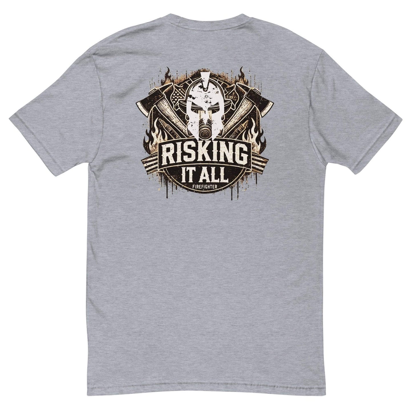 Back view of a grey short sleeve t-shirt featuring firefighter graphic with axes and "Risking It All" text.