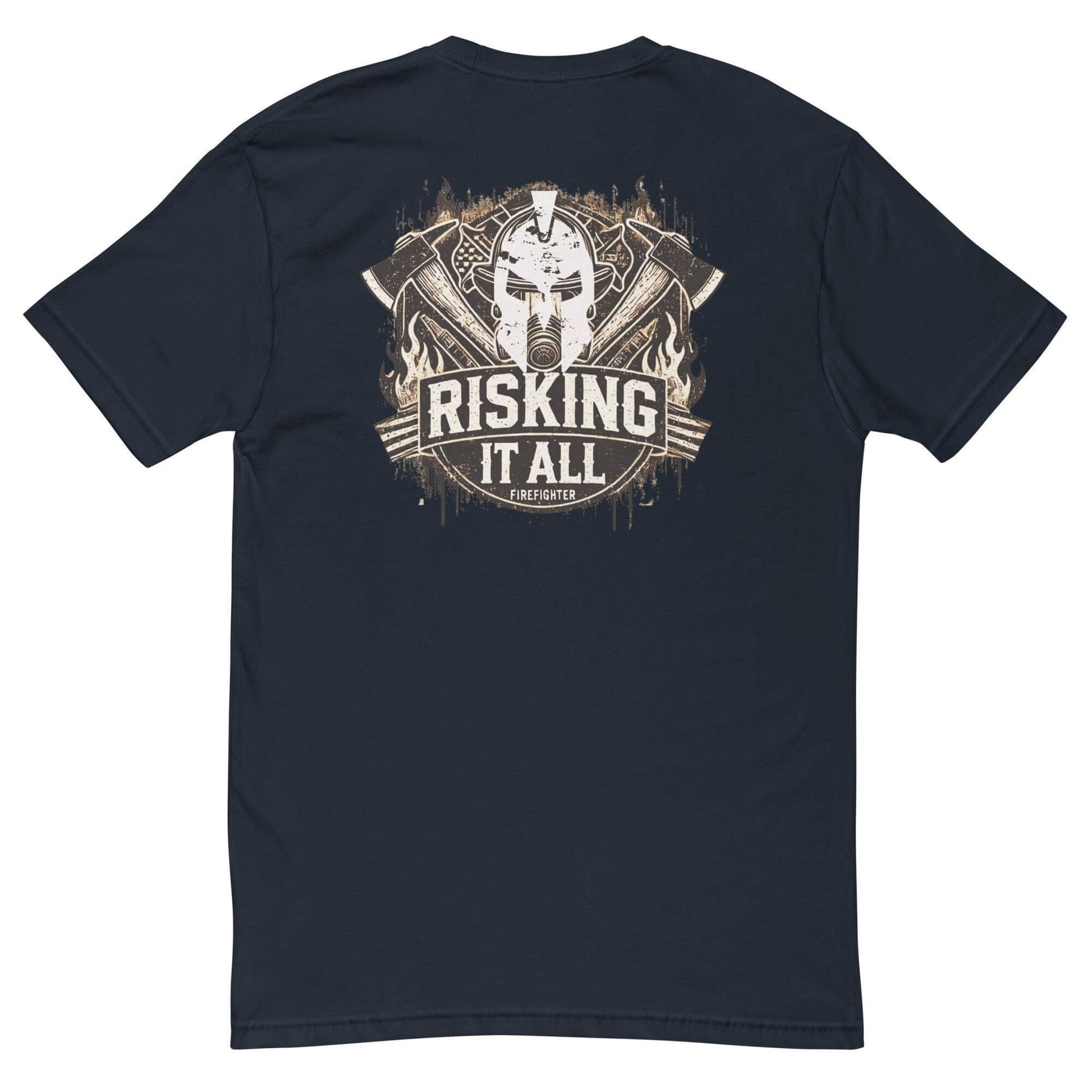 Back view of a firefighter t-shirt featuring "Risking It All" design with axes and a helmet graphic, perfect firefighter apparel.