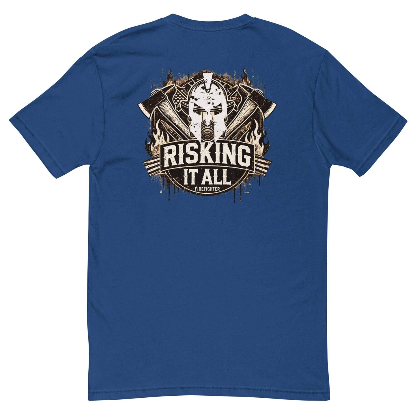 Blue short sleeve t-shirt featuring "Risking It All" design for firefighters, perfect firefighter gear and gifts.