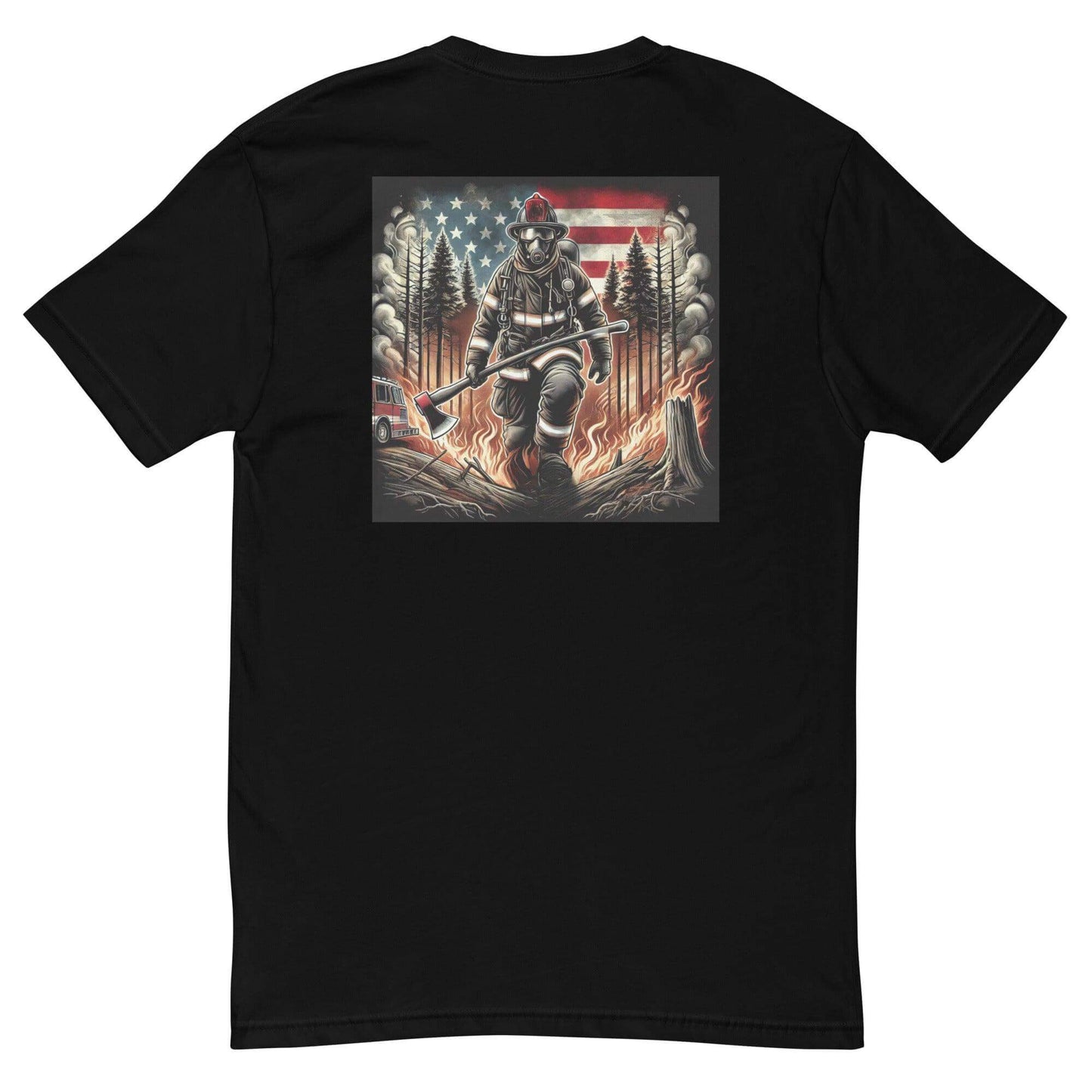 Black t-shirt featuring a firefighter design with American flag, ideal for firefighter gifts and gear.