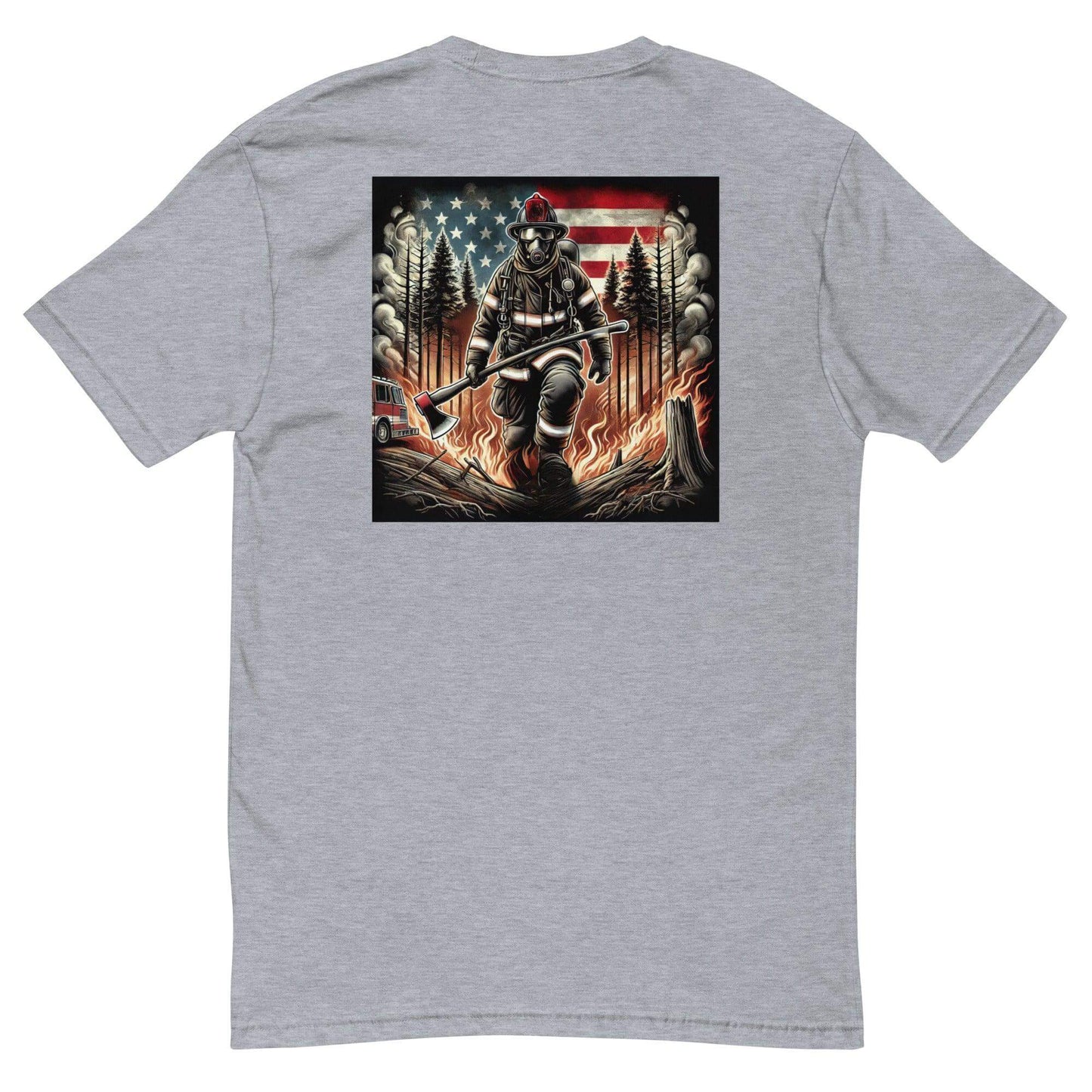 Firefighter-themed short sleeve t-shirt featuring a graphic of a firefighter battling flames, perfect for firehouse gifts.