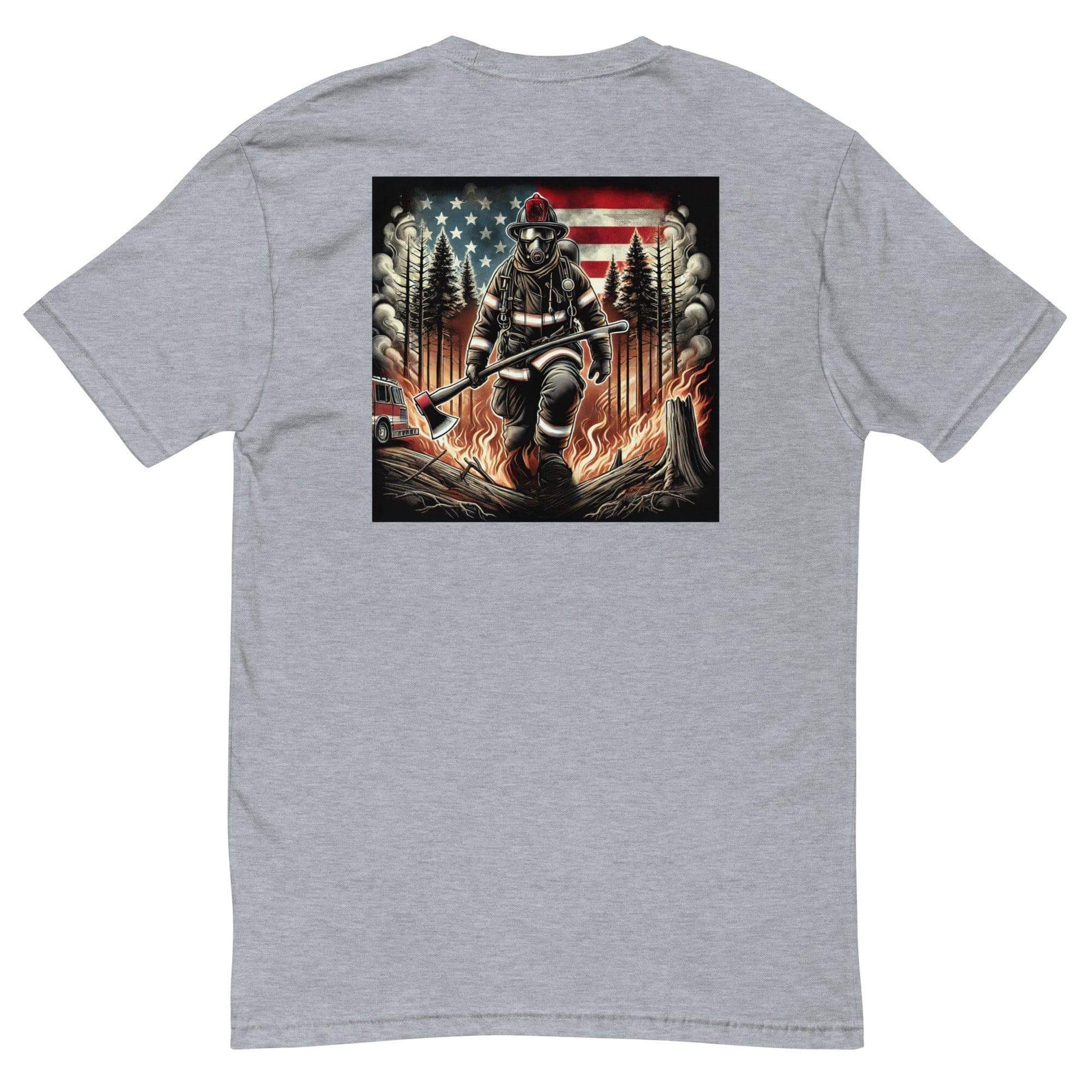 Firefighter-themed short sleeve t-shirt featuring a graphic of a firefighter battling flames, perfect for firehouse gifts.