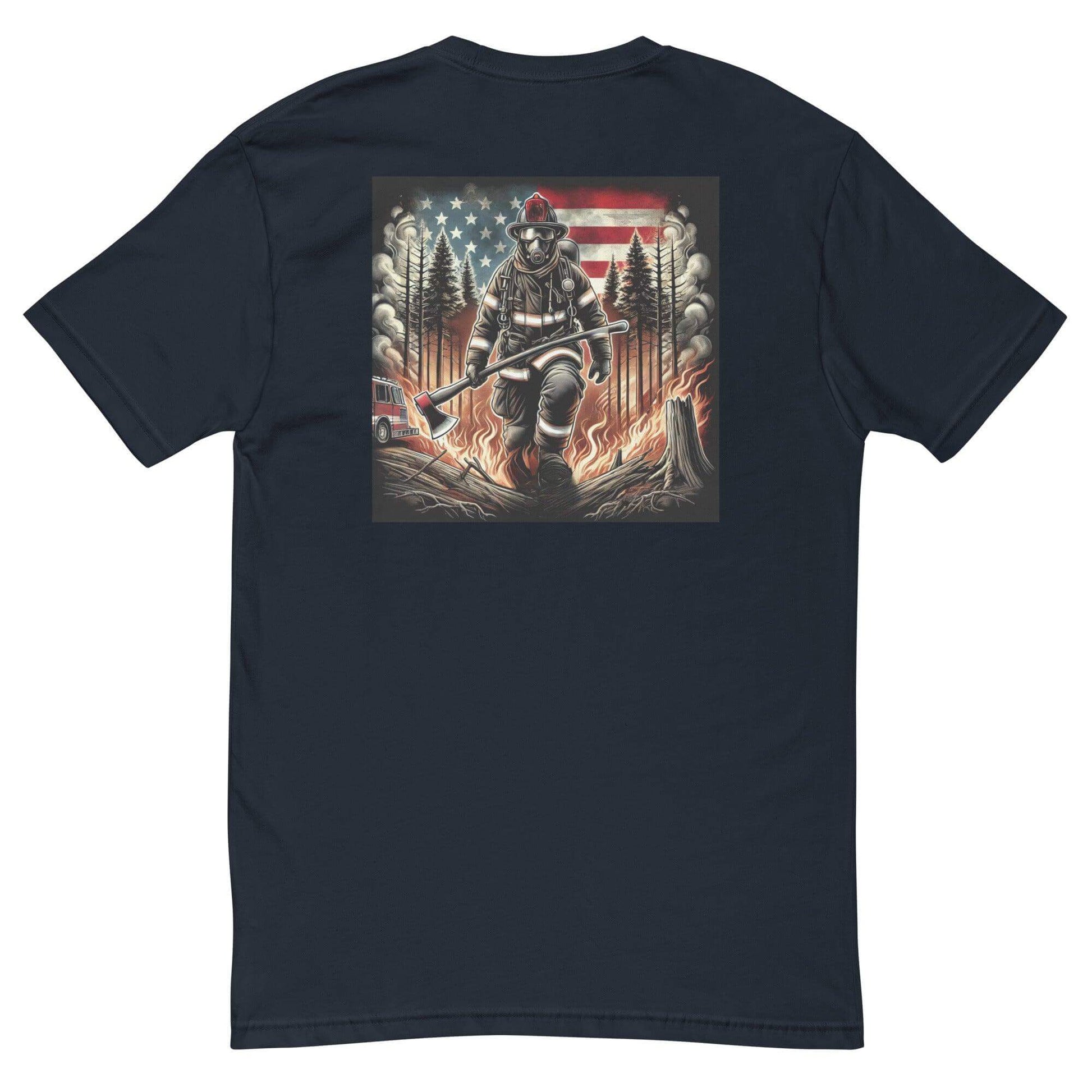 Short sleeve firefighter t-shirt with graphic featuring a firefighter against a smoky background and American flag.