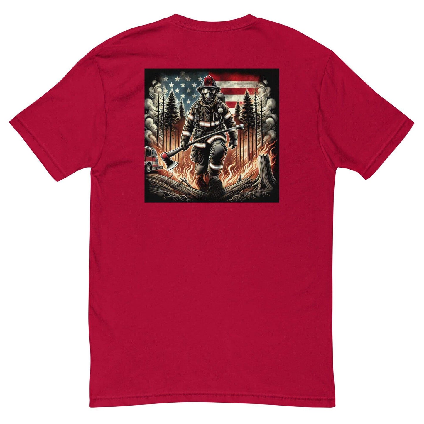 Red short sleeve t-shirt featuring firefighter artwork with American flag and forest background, ideal firefighter apparel.