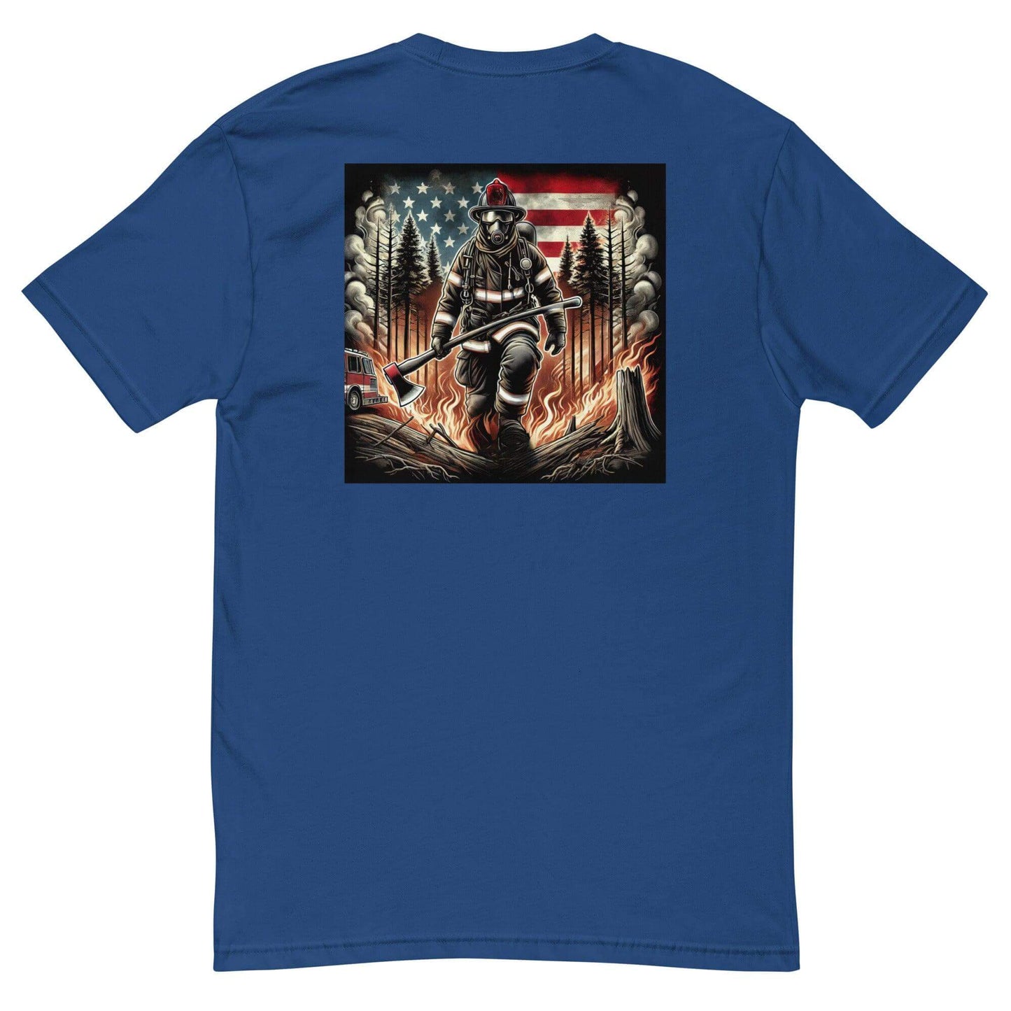 Firefighter t-shirt with graphic of a firefighter battling flames against an American flag backdrop, ideal for firefighter apparel.