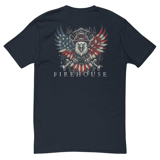 Firehouse themed t-shirt with eagle design, featuring red and blue wings, perfect for firefighter gifts and apparel.